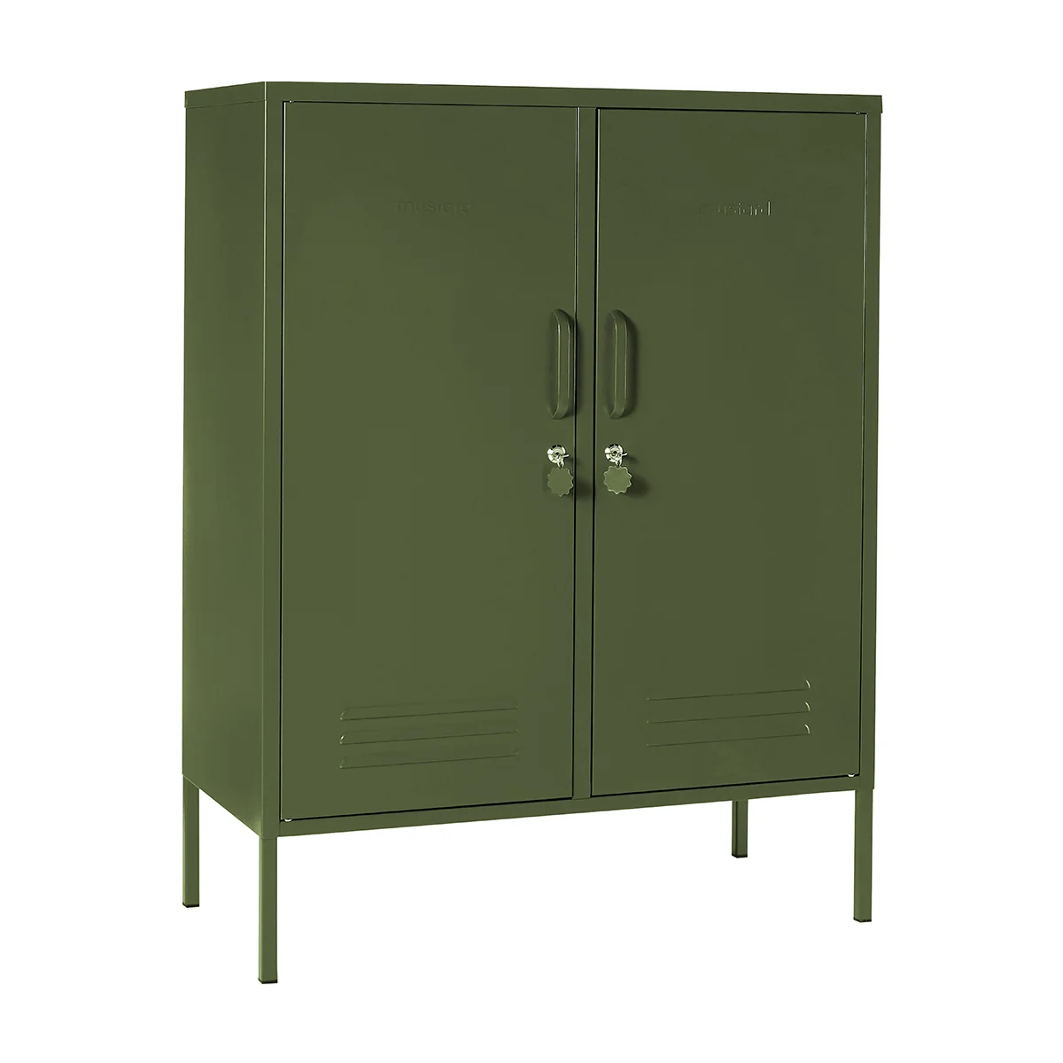 Green metal cabinet with two doors on a white background