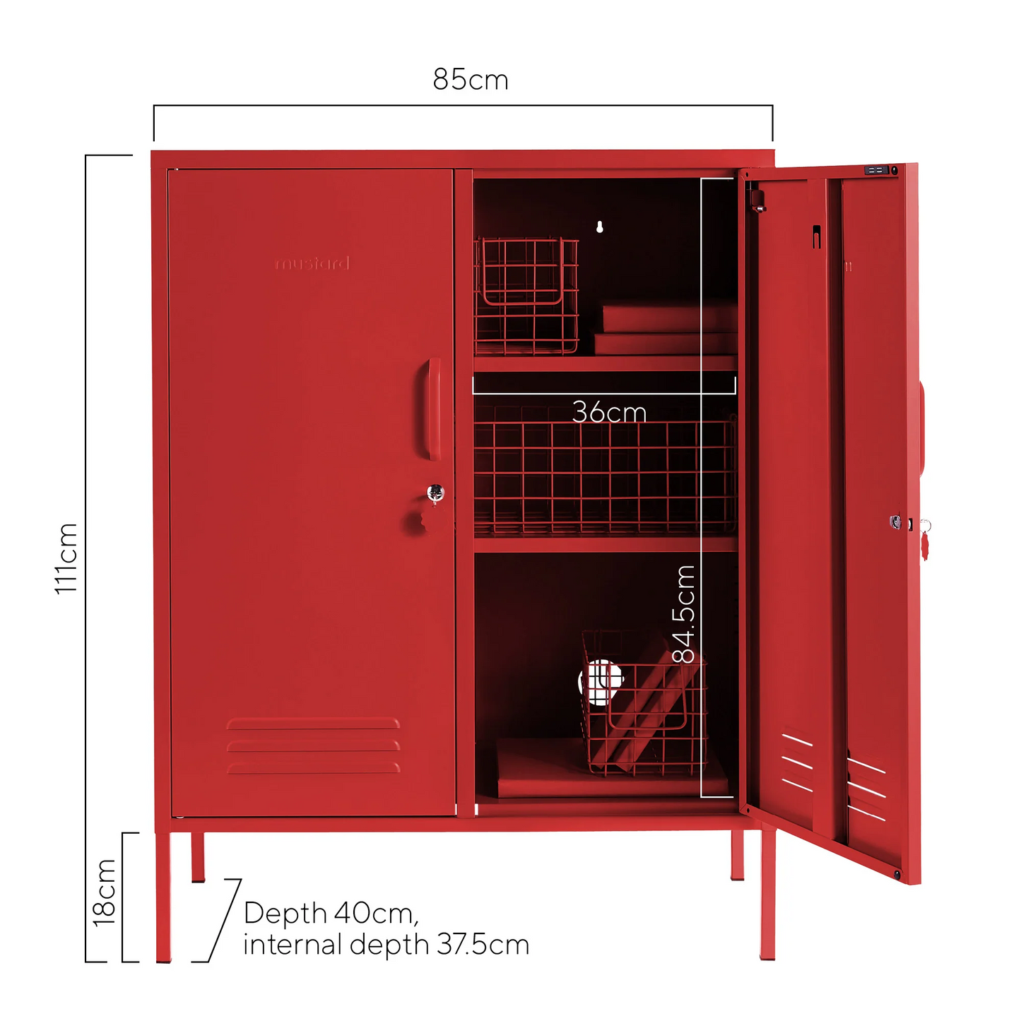 Red storage cabinet with dimensions labeled on a white background