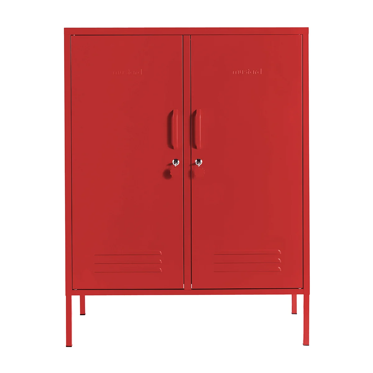 Red metal cabinet with double doors on a white background