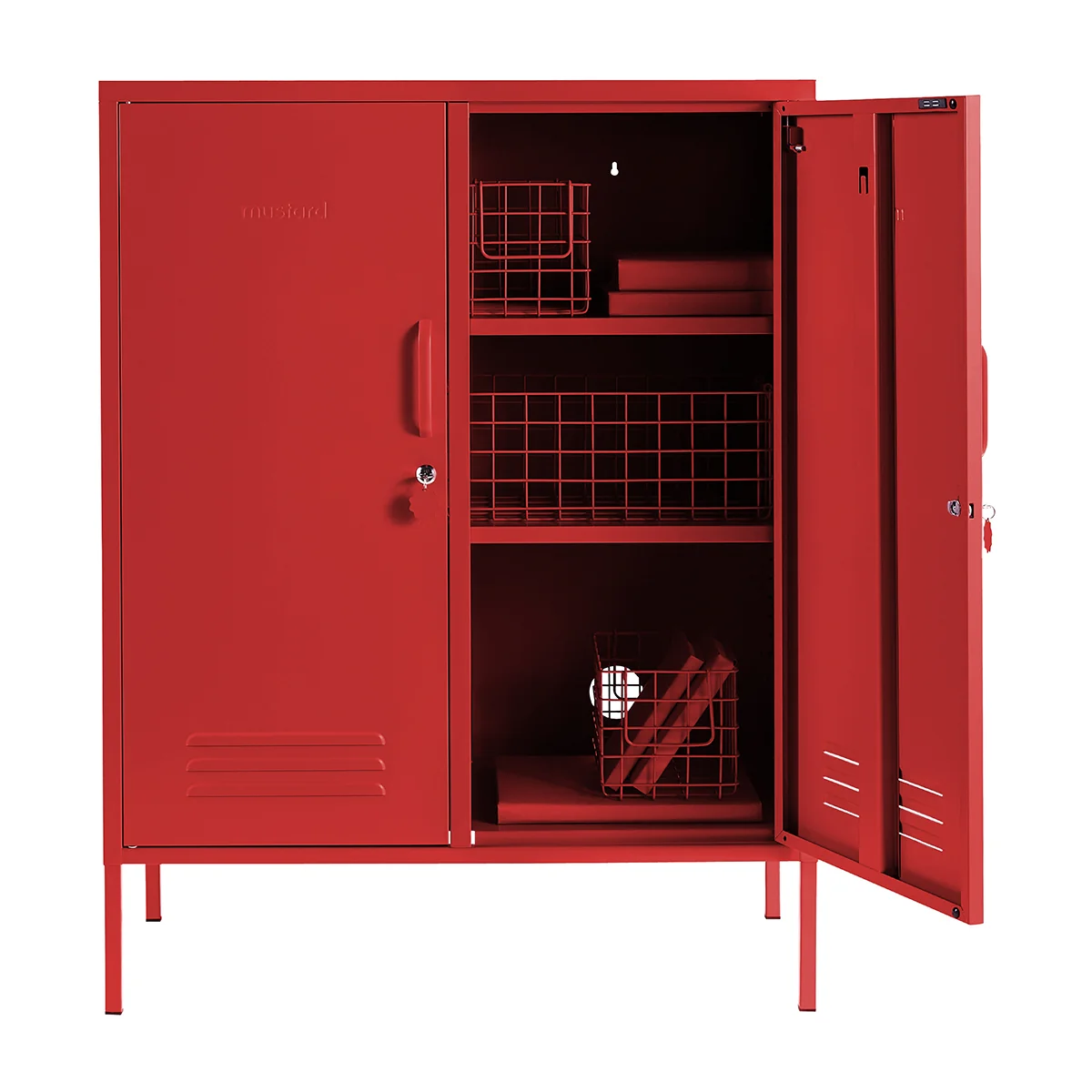 Red storage cabinet with open doors on a white background