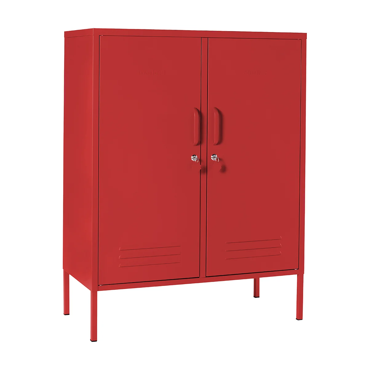 Red metal cabinet with two doors on a white background