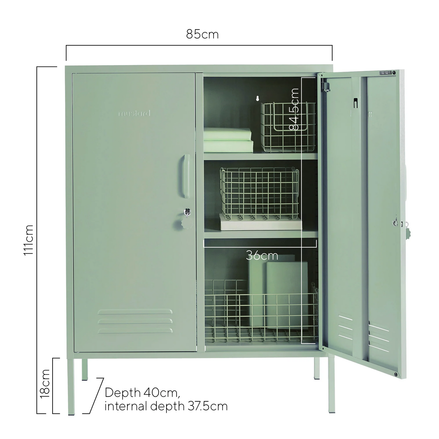 Green storage cabinet with dimensions labeled on a white background