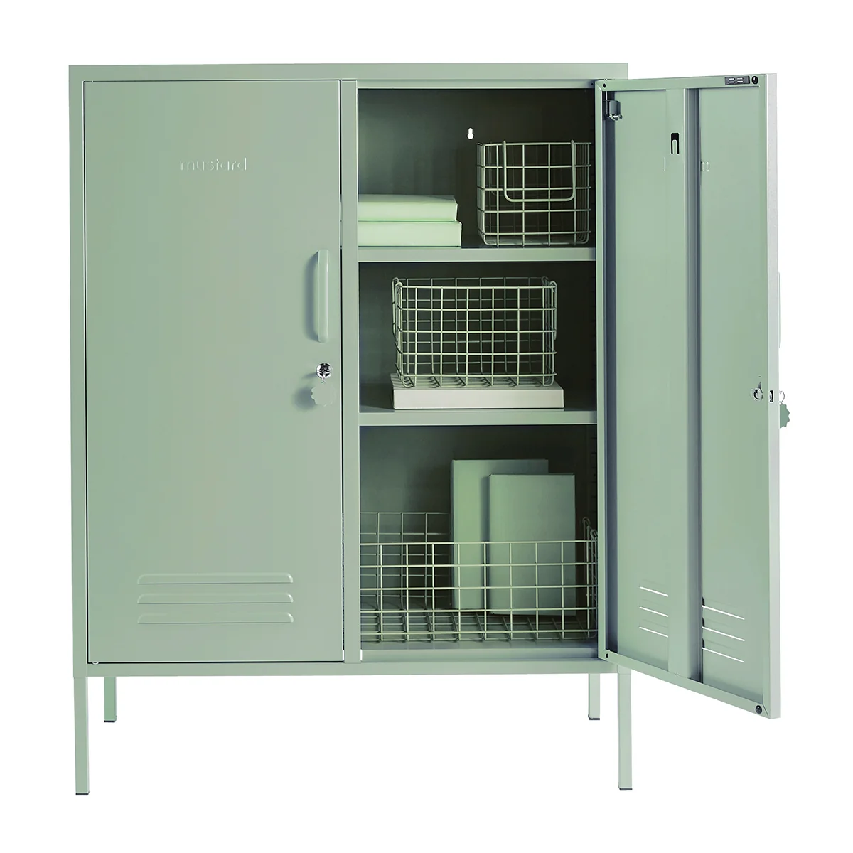 Green metal storage cabinet with open doors on a white background