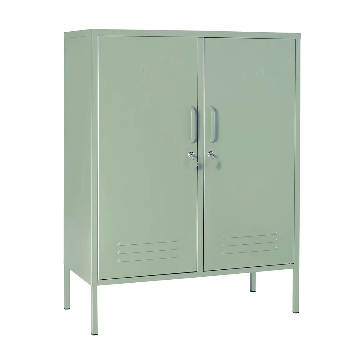 Green metal storage cabinet with two doors on a white background