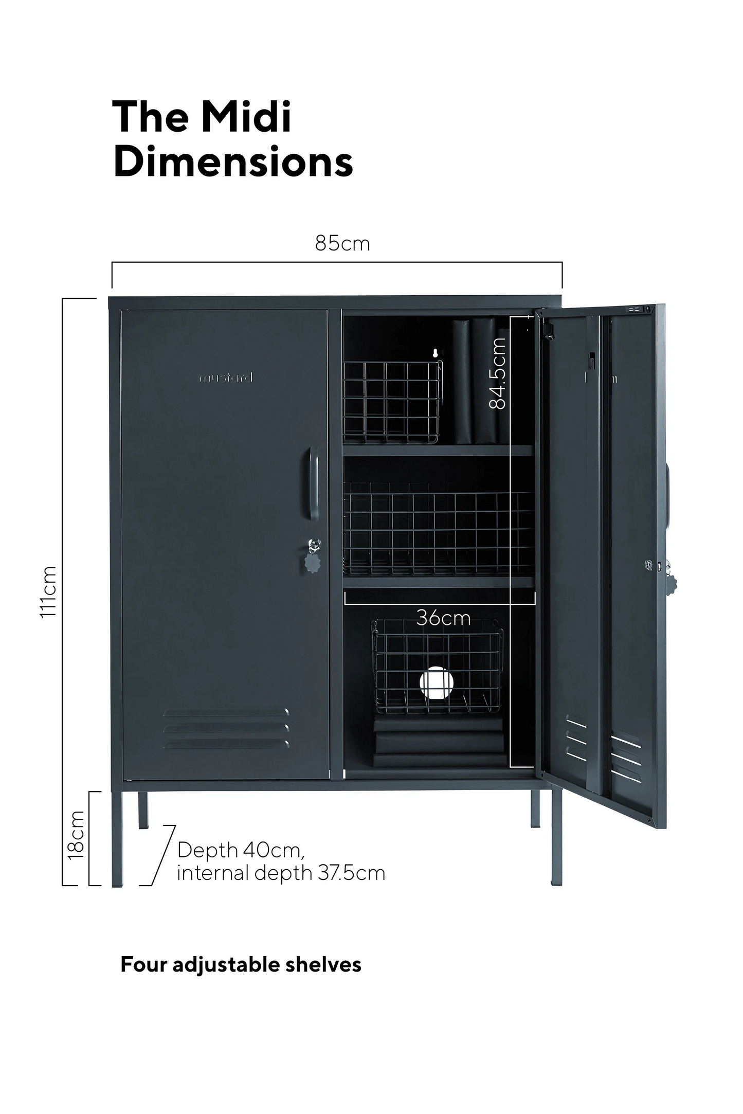 Black storage cabinet with dimensions labeled on a white background