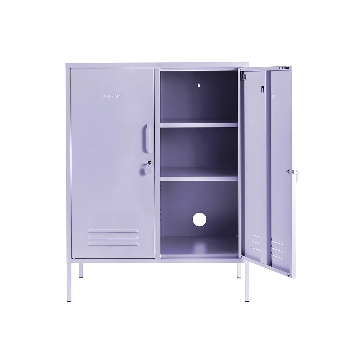 Purple locker with one door open on a white background