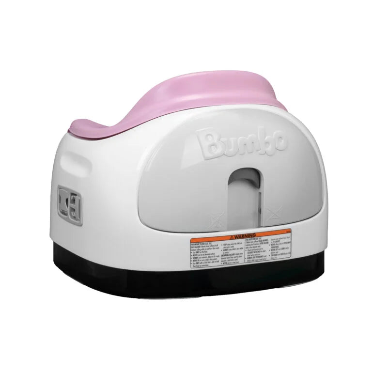 White and pink potty chair with 'Bumbo' branding on a white background