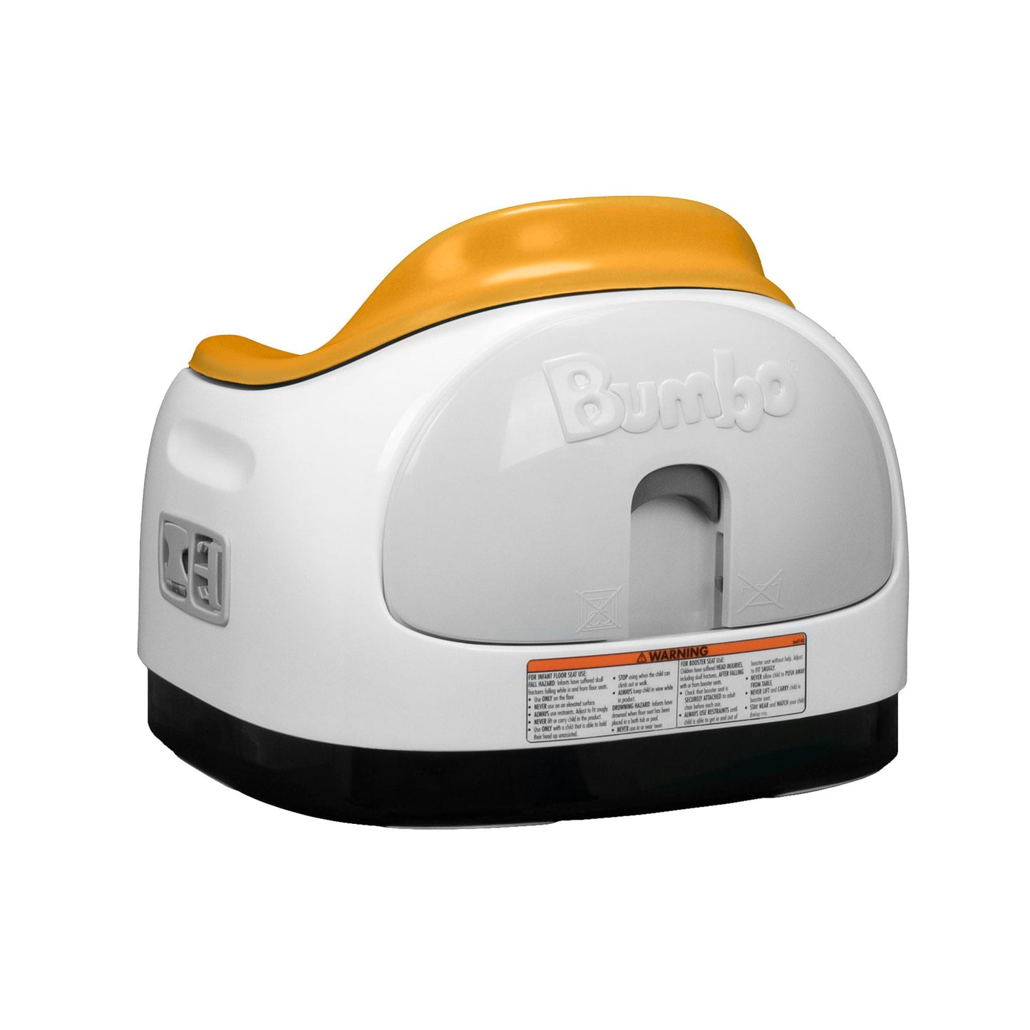 White and orange Bumbo baby seat on a white background