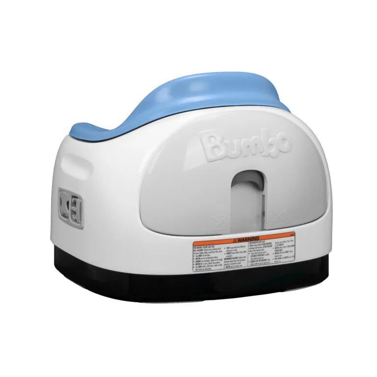 White and blue Bumbo baby seat on a white background