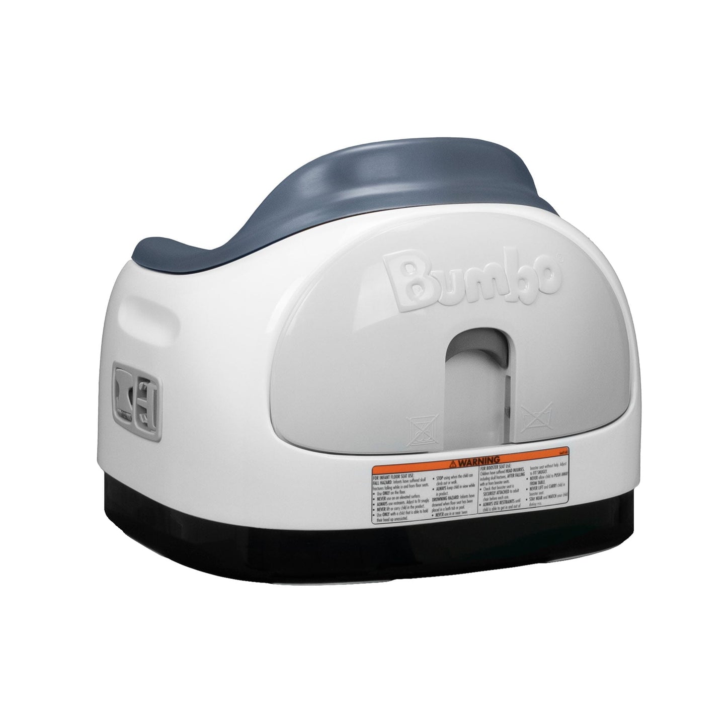 White and gray Bumbo baby seat on a white background