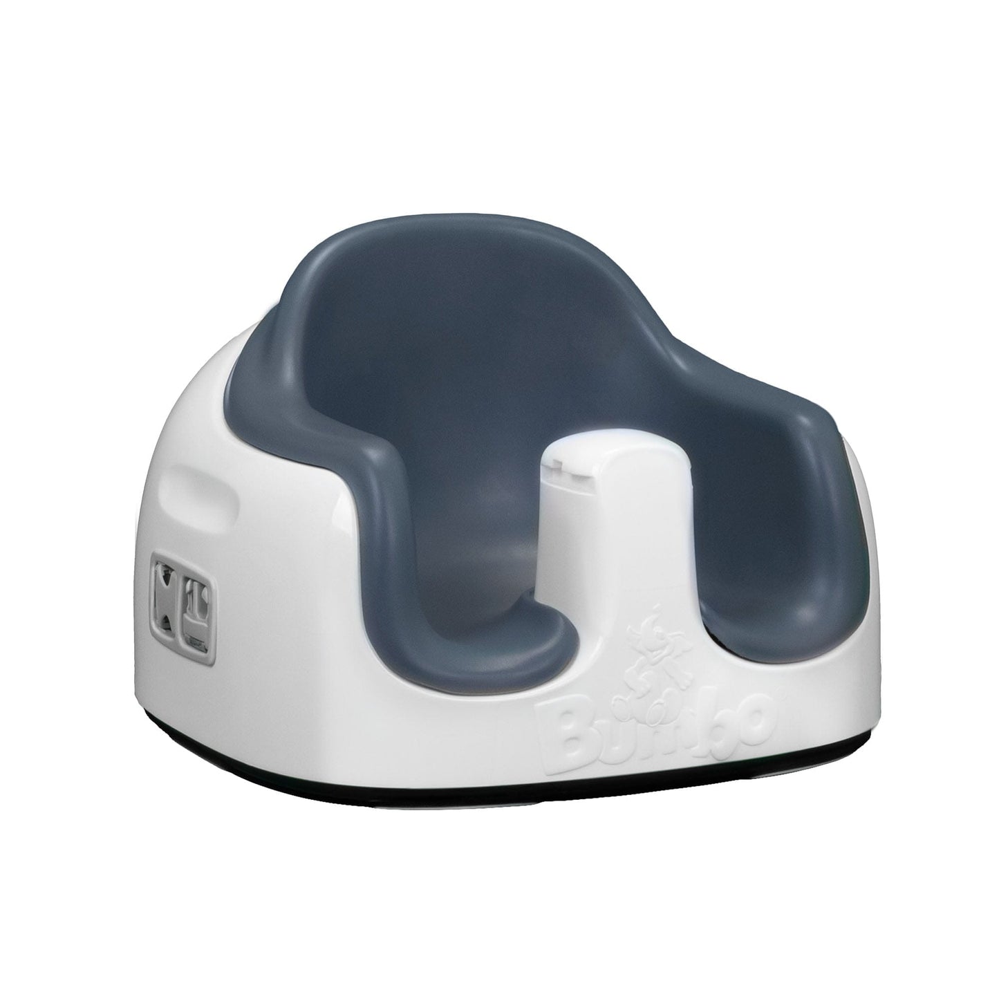 Children's potty seat with blue seat and white base on a white background
