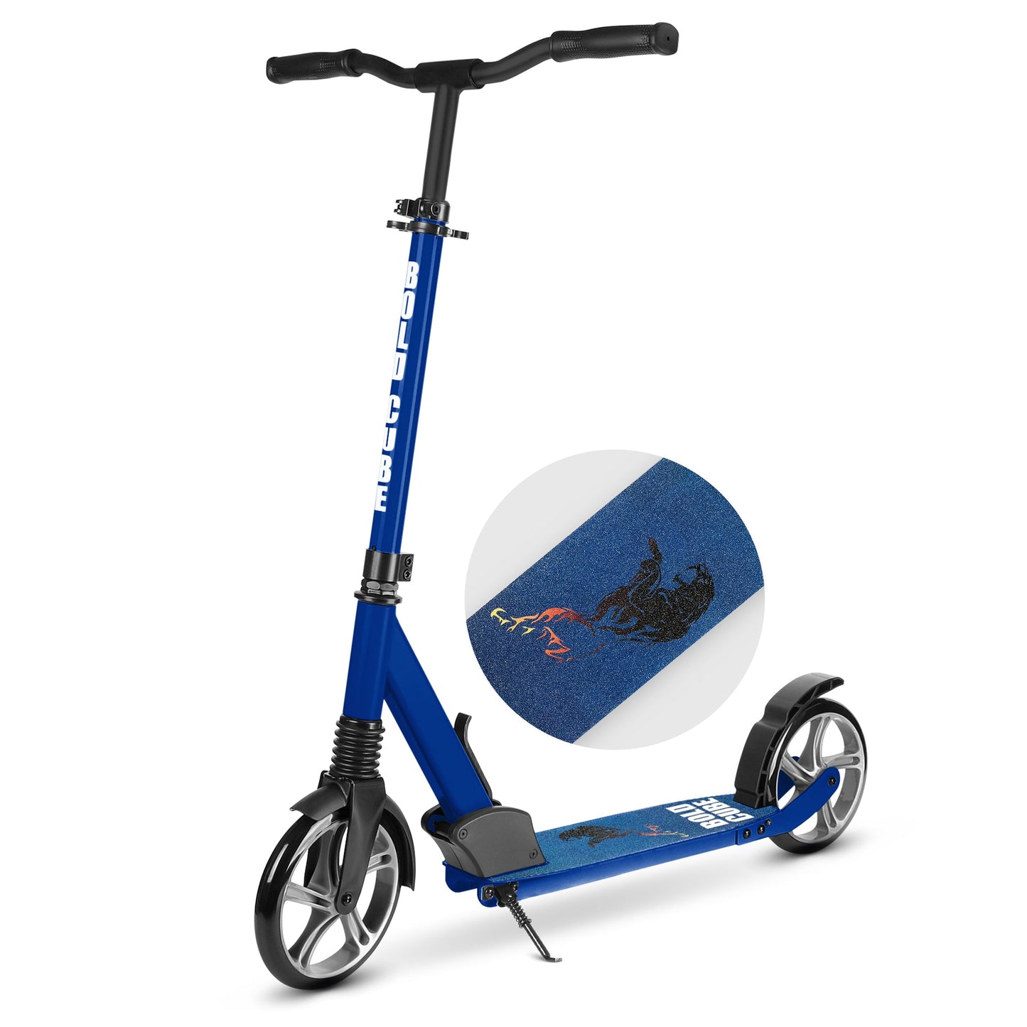 Blue scooter with a close-up of the brand logo on a white background