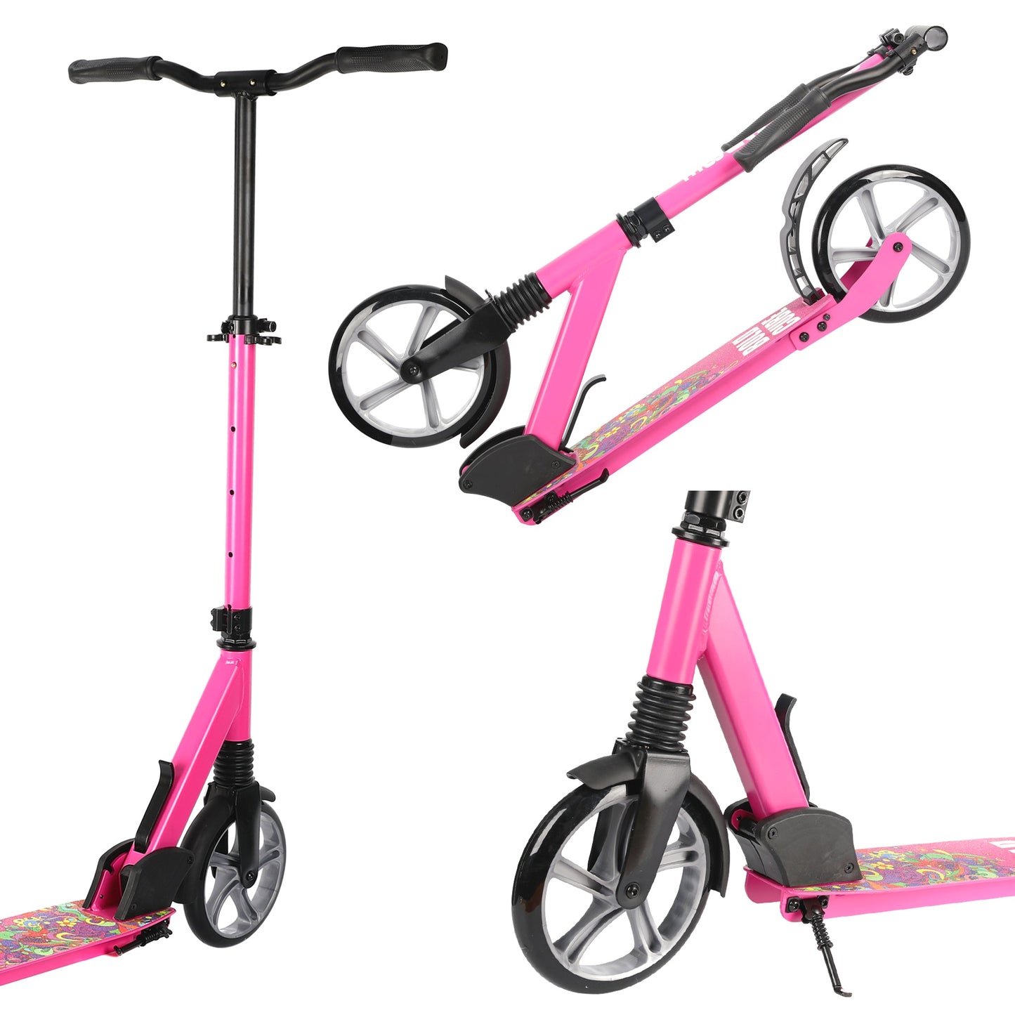 Pink scooter with black handlebars and wheels on a white background