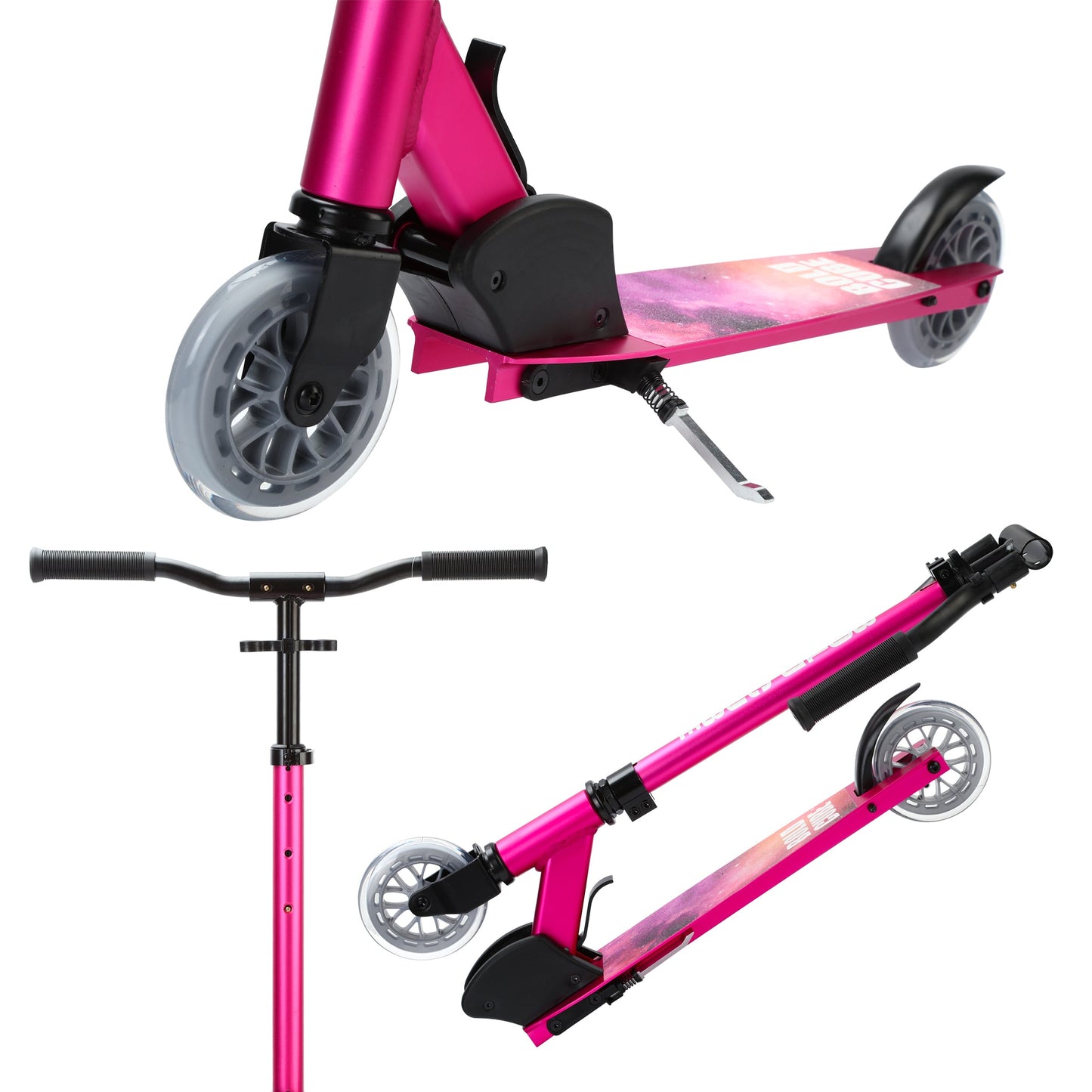 Pink scooter with black handlebars on a white background