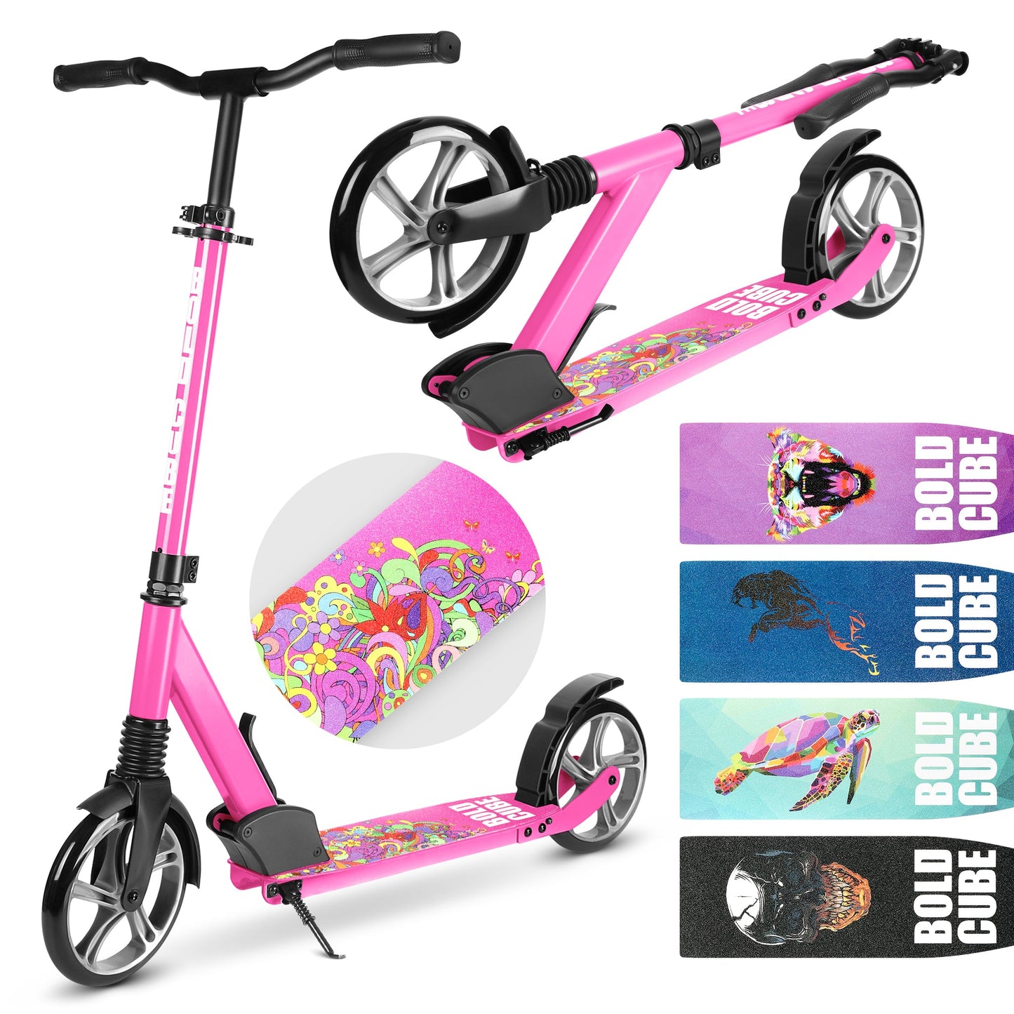 Pink scooter with colorful graphics and additional accessories on a white background