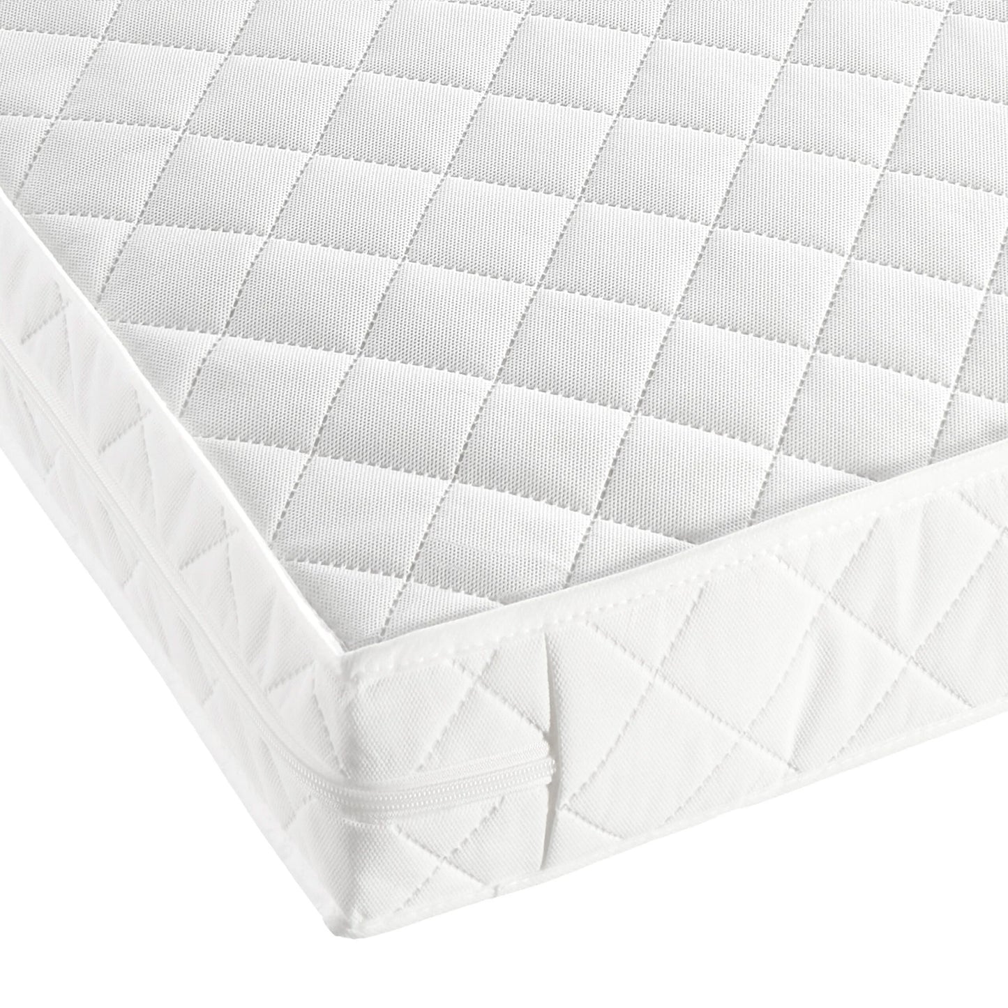 Quilted mattress protector with diamond pattern on a white background