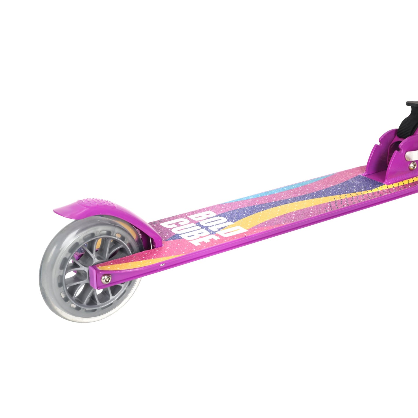 Purple scooter with colorful design on a white background