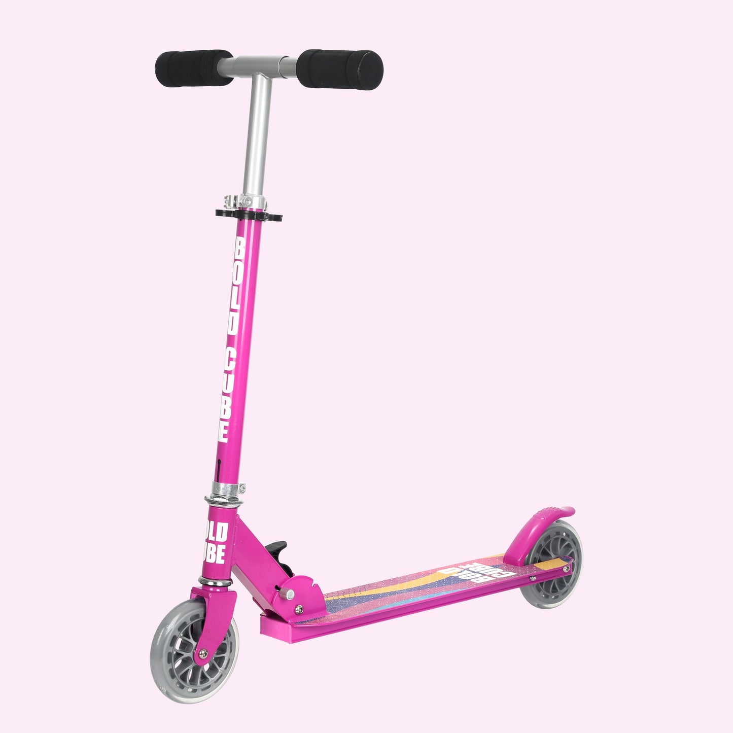 Pink scooter with black handlebar on a white background