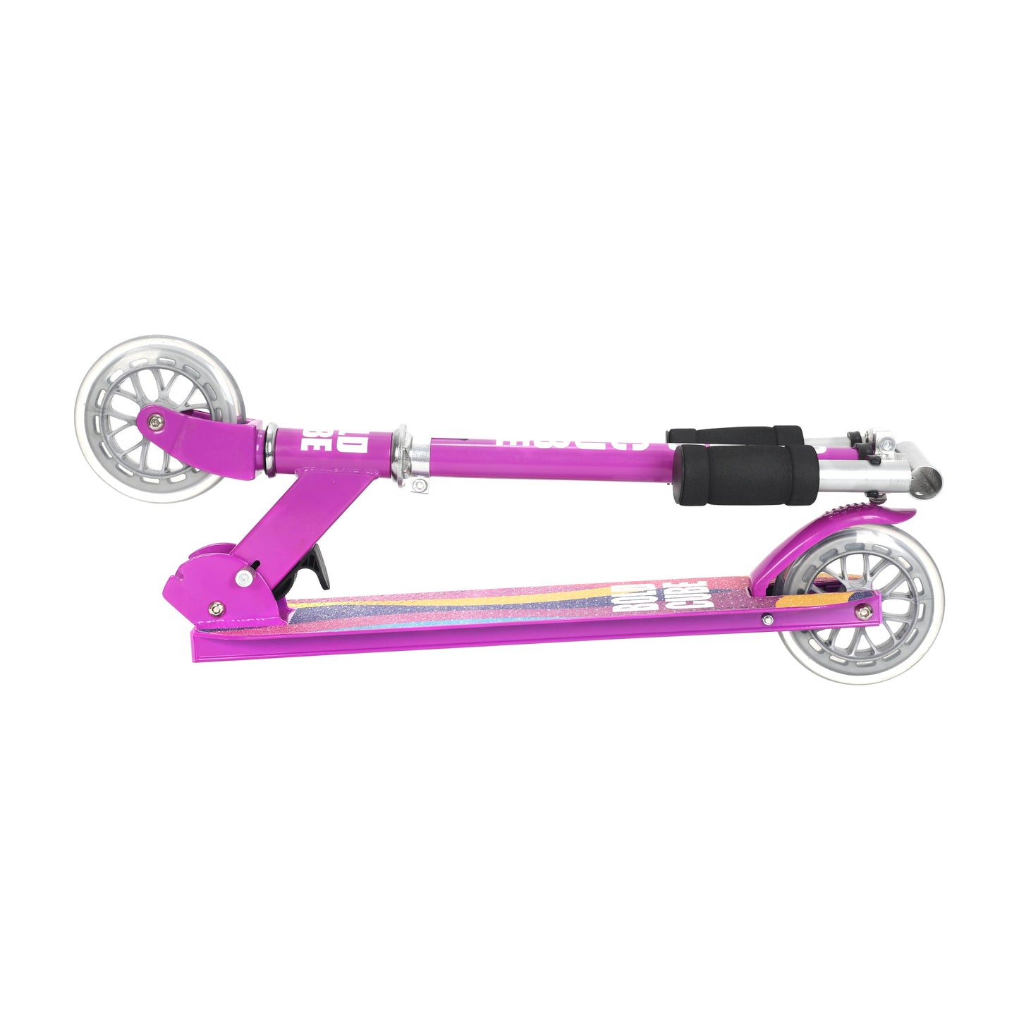 Purple scooter with large wheels on a white background