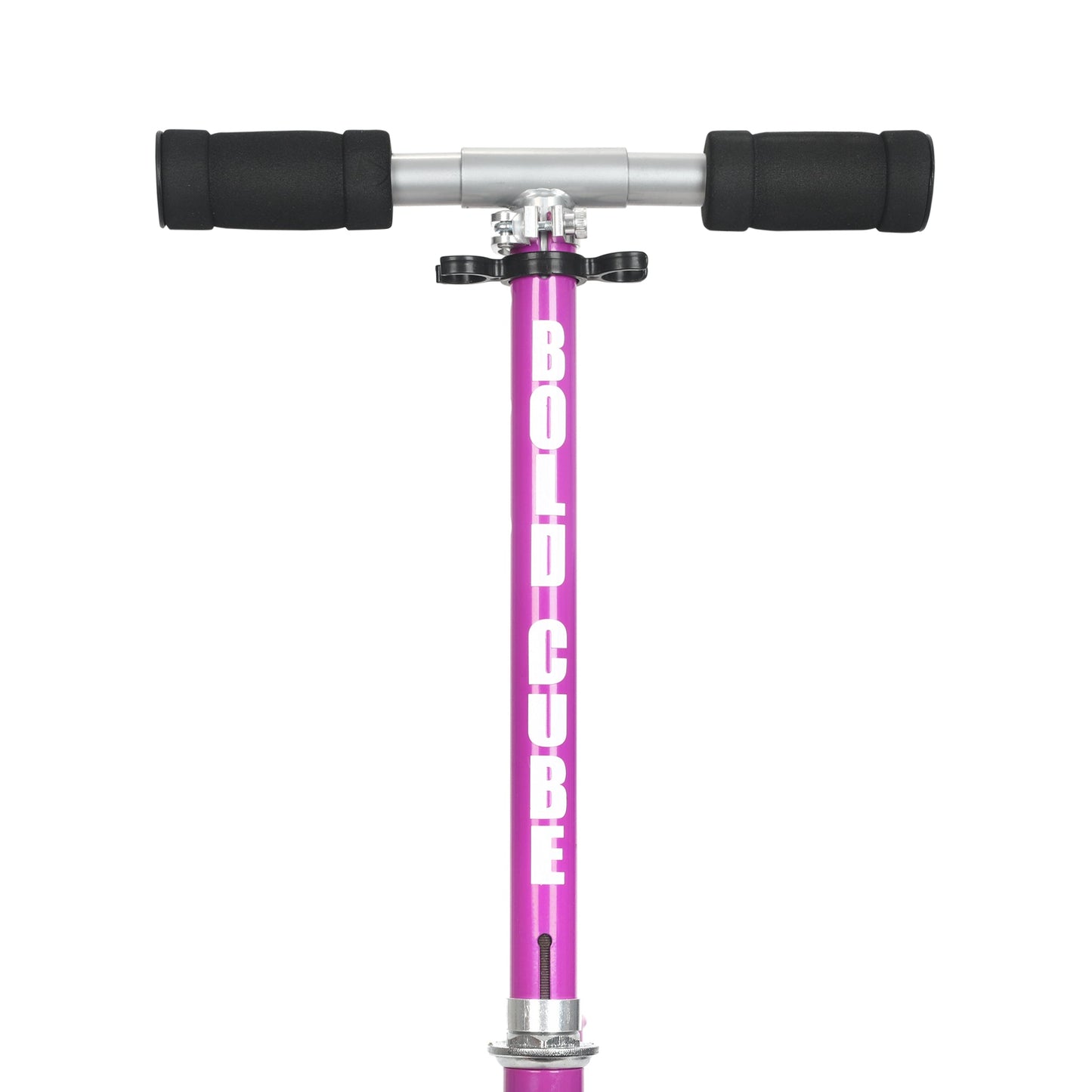Pink scooter with black handles on a white background