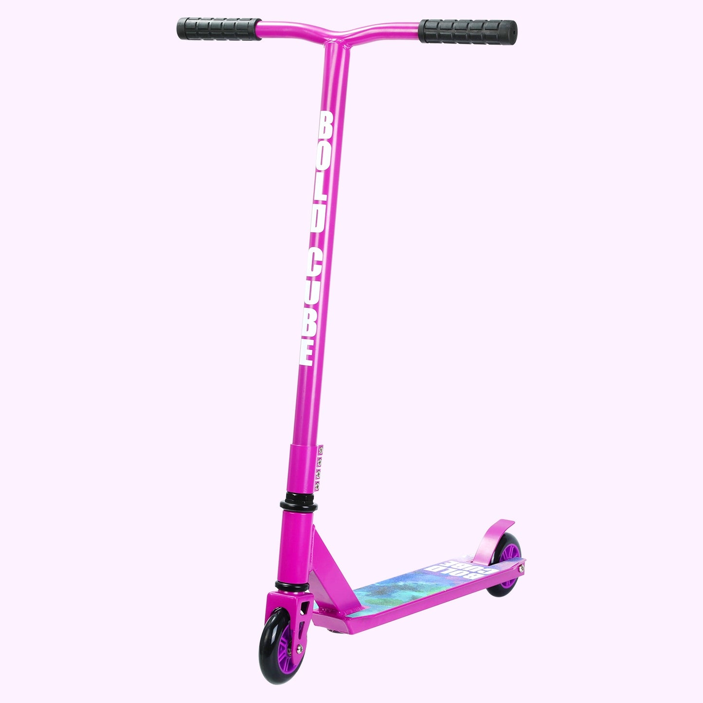 Pink scooter with black handlebar on a white background