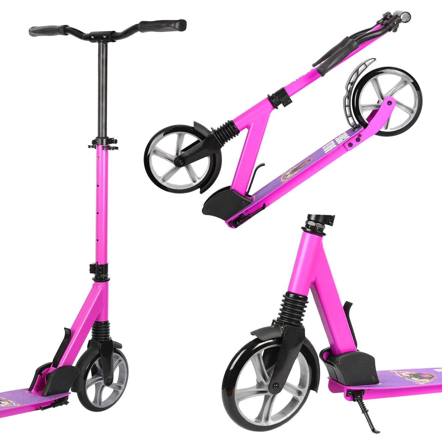 Pink scooter with black accents on a white background