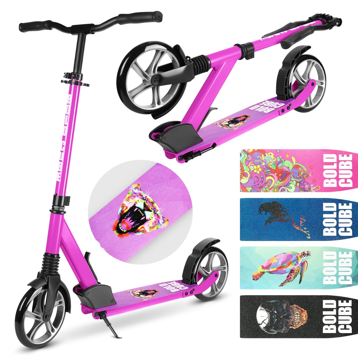 Pink scooter with colorful graphics and accessories on a white background
