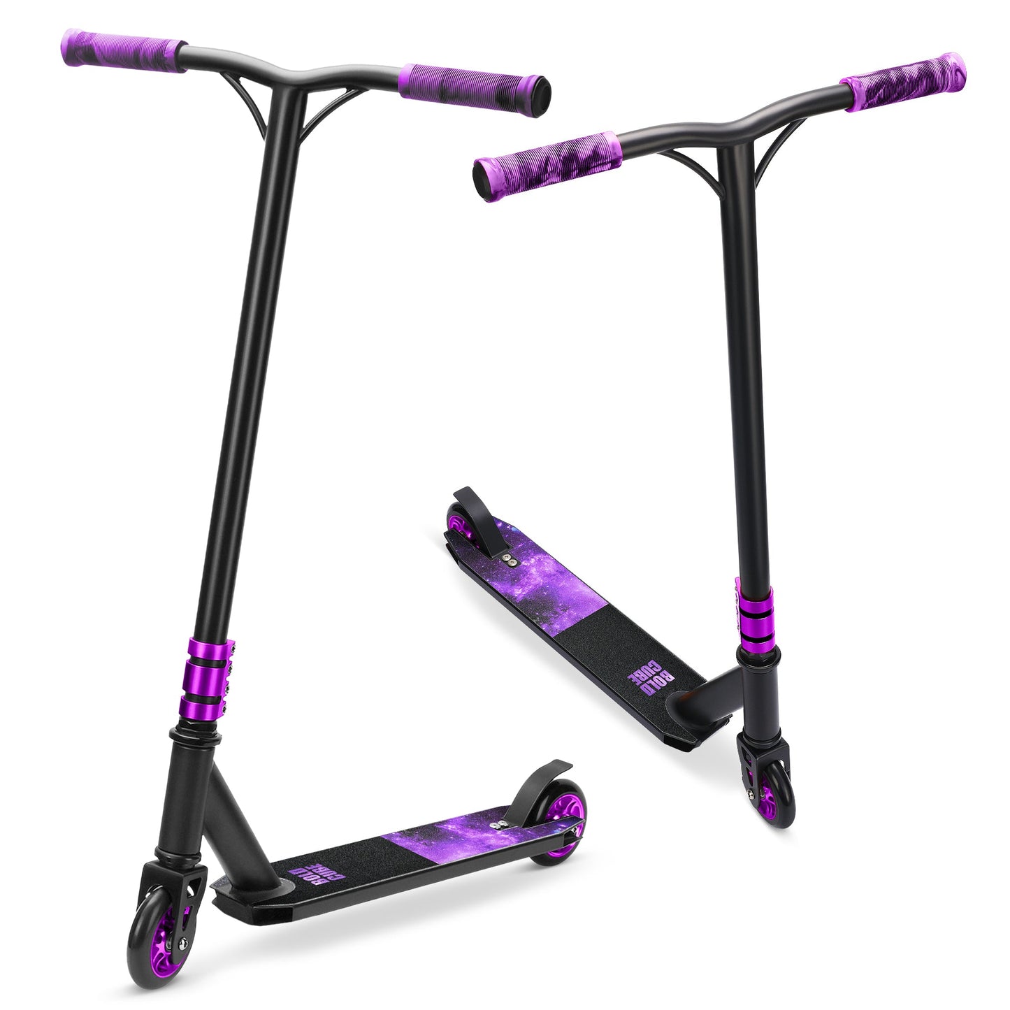 Black and purple scooter with a white background