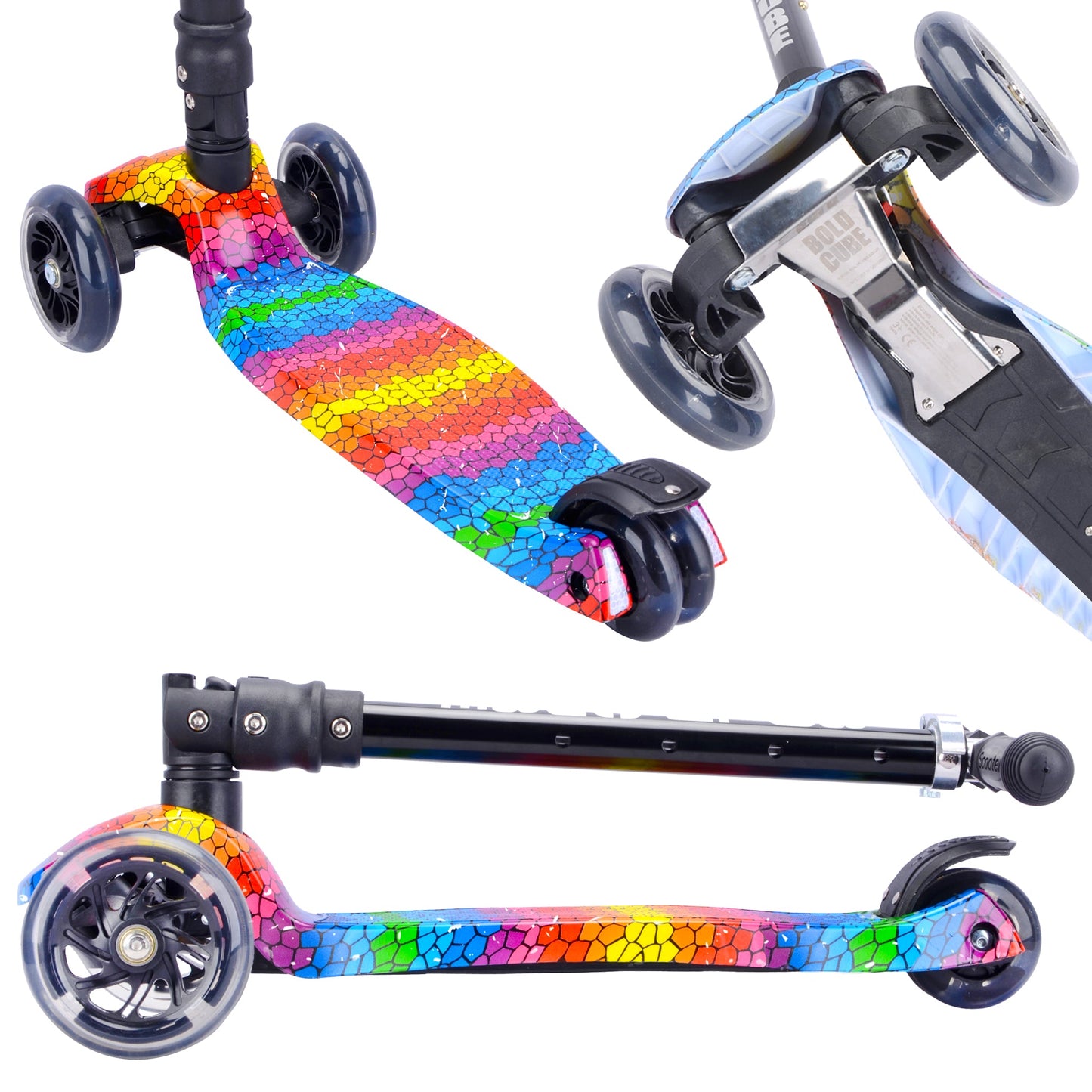 Colorful scooter with a patterned deck on a white background