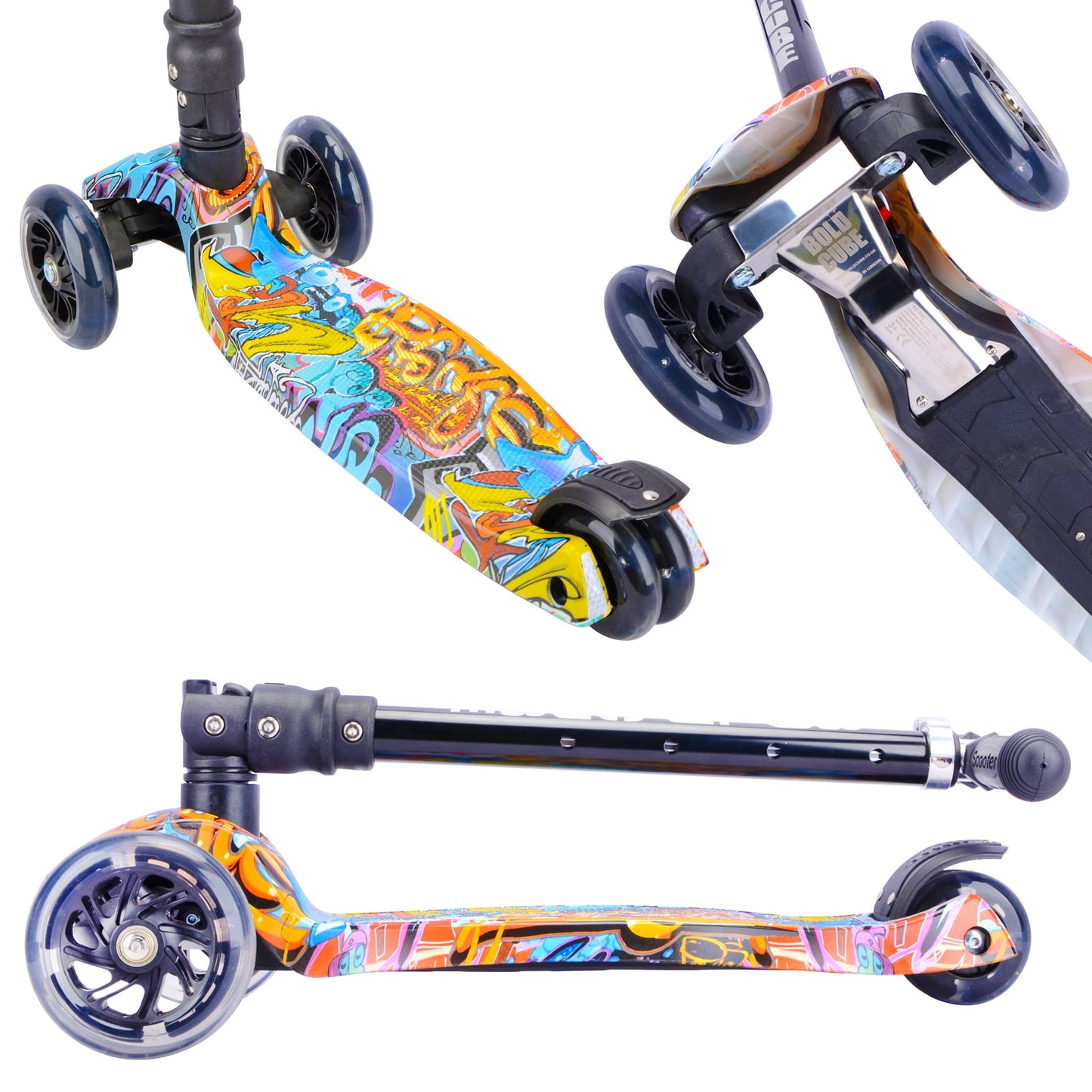 Three colorful scooters with different designs on a white background