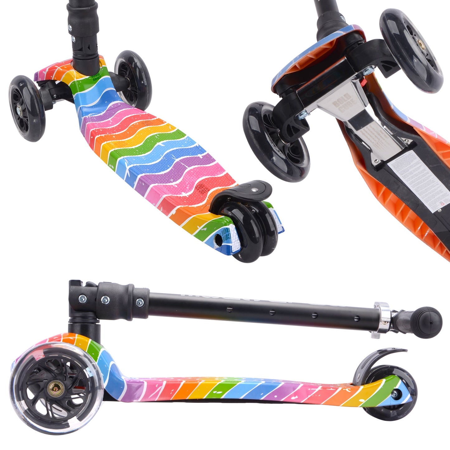 Colorful scooter with rainbow deck and black frame on a white background