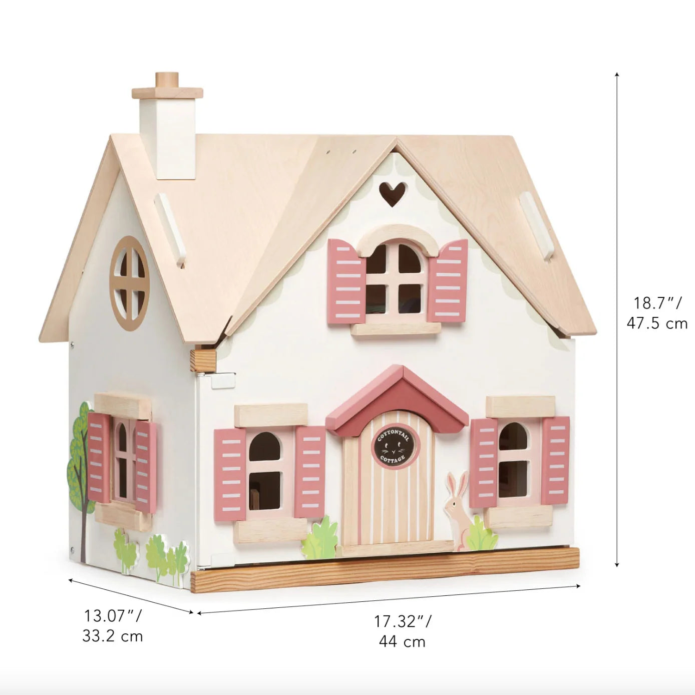 Small house-shaped toy with pink shutters and measurements on a white background