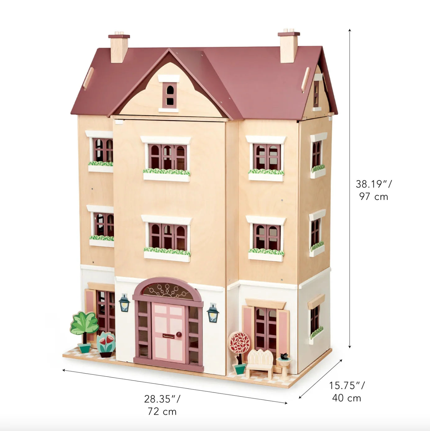 Model of a multi-story house with dimensions indicated on a white background