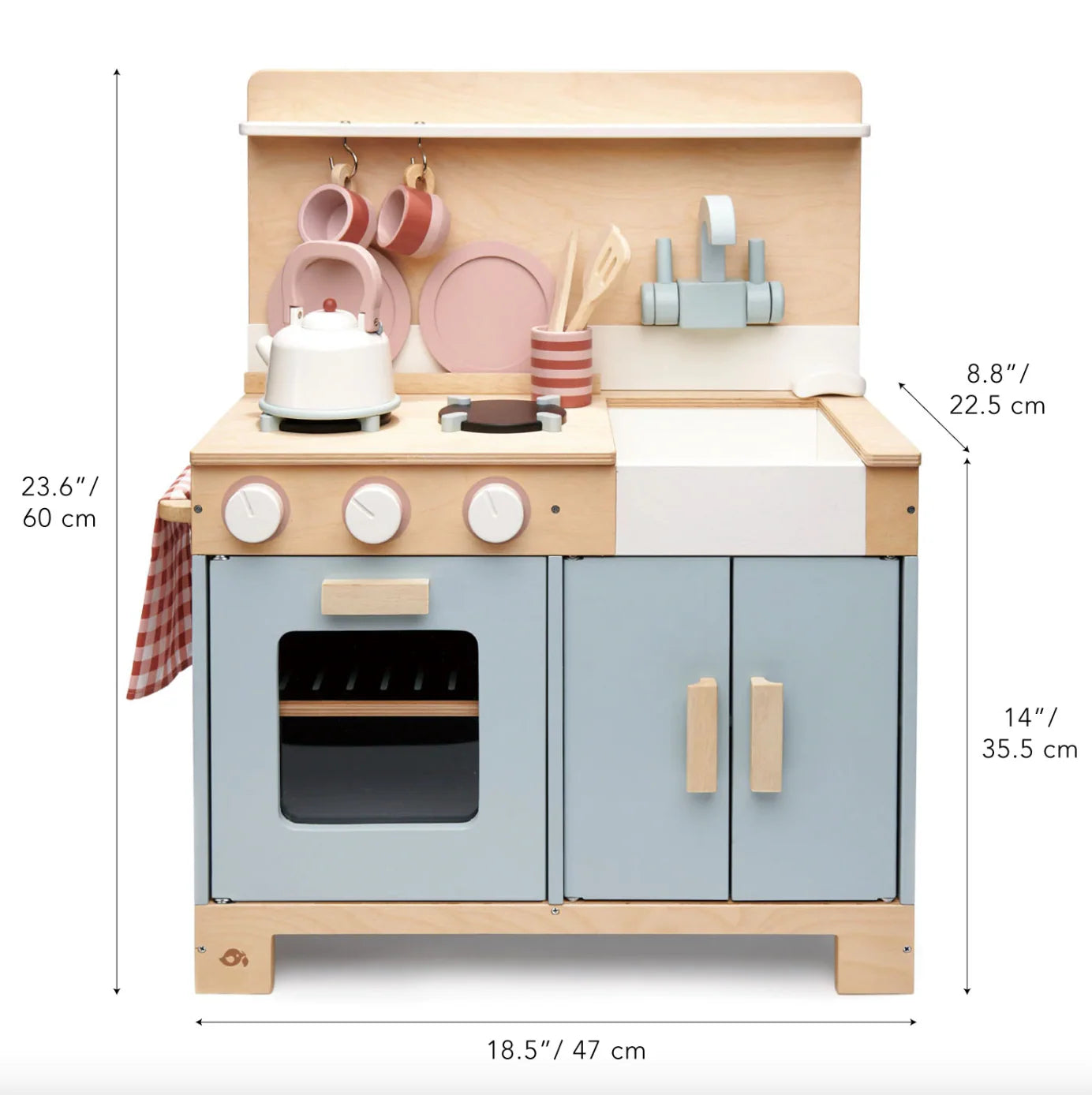 Wooden play kitchen set with measurements on a white background