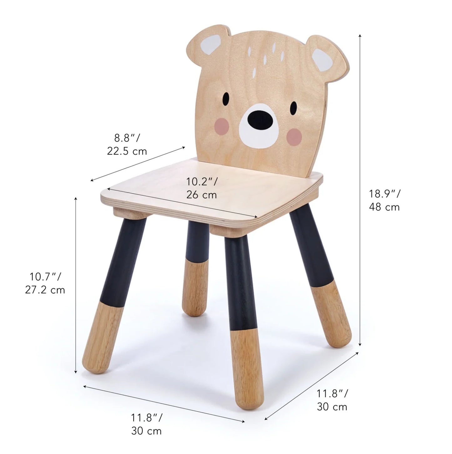 Children's chair with bear design and dimensions on a white background