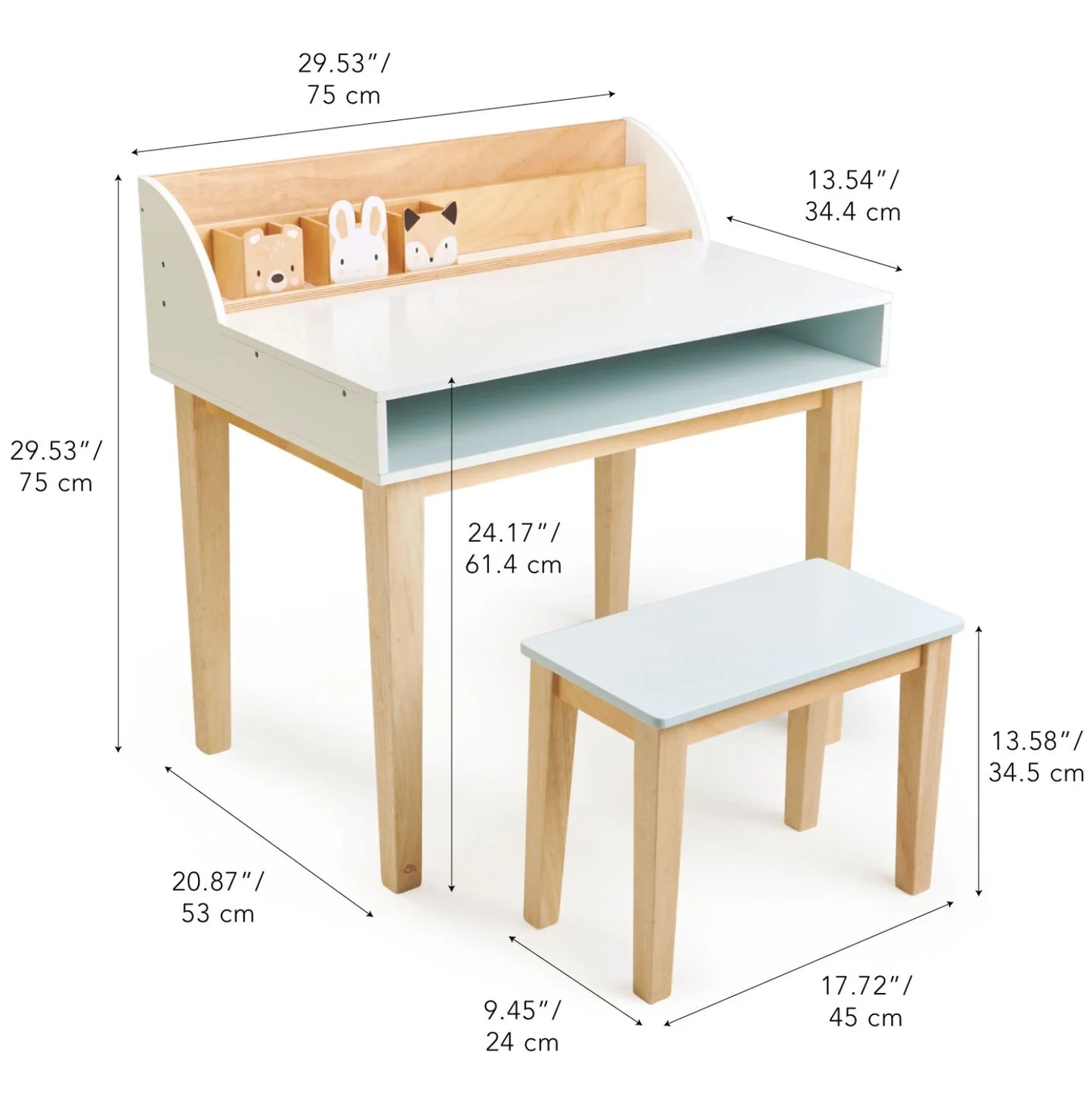 Children's desk and stool set with dimensions labeled on a white background