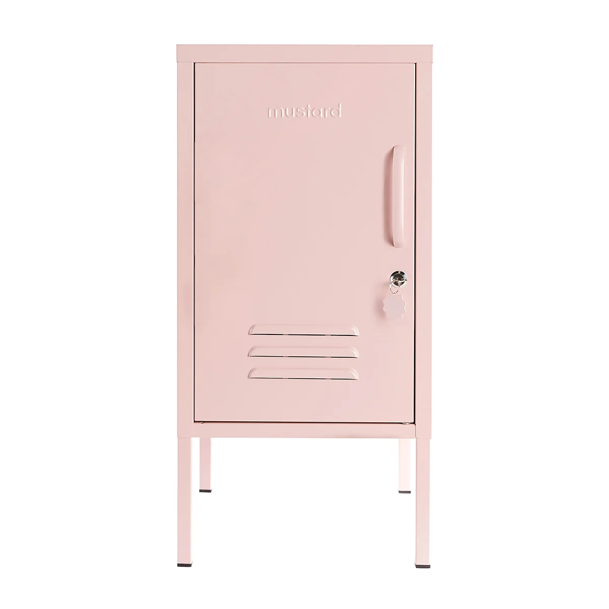 Pink metal locker with branding on a white background