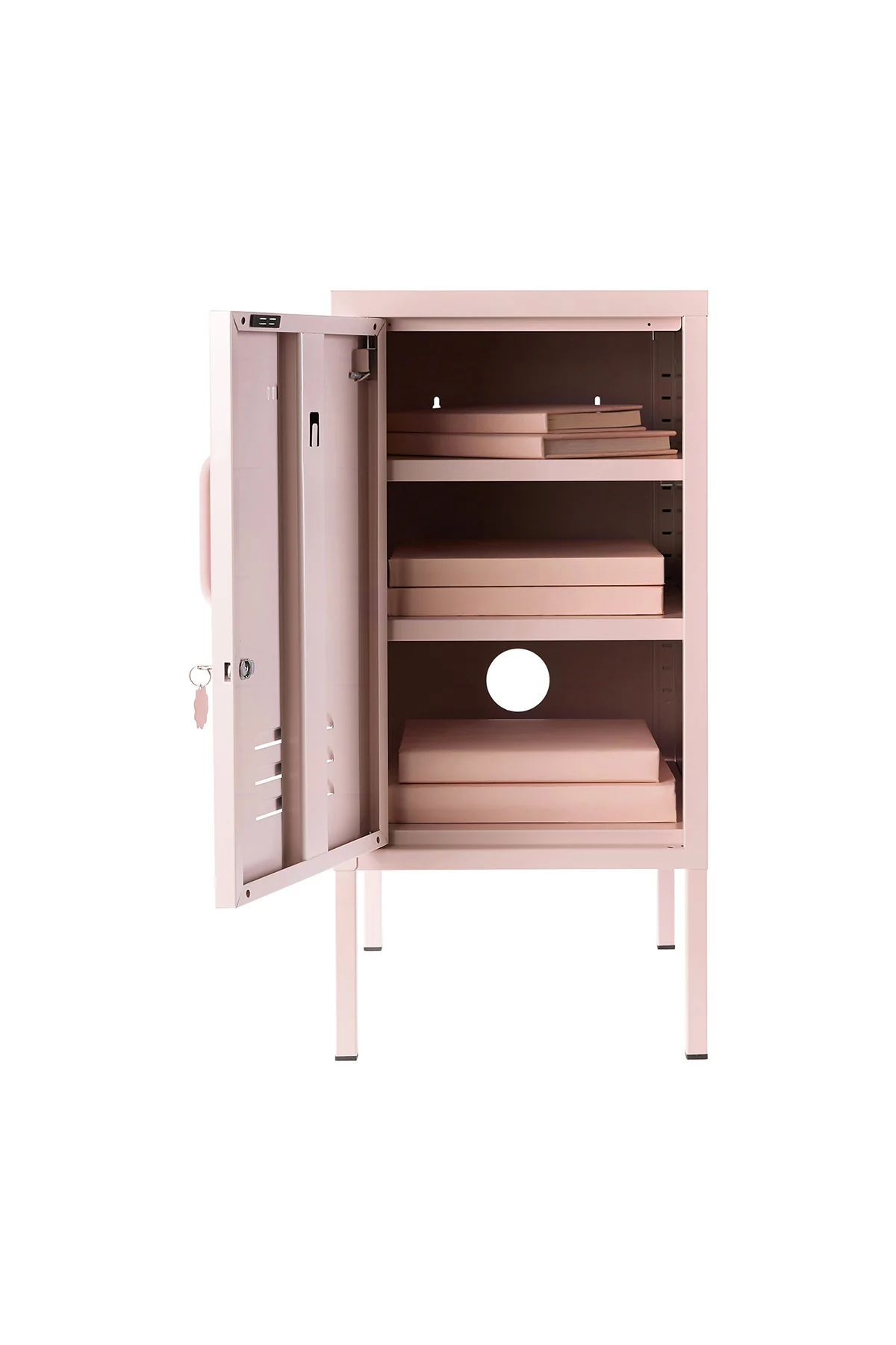 Pink storage cabinet with open doors on a white background