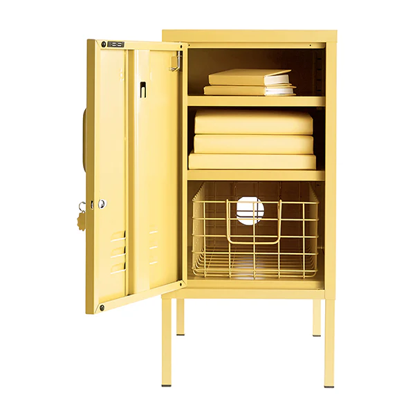 Yellow storage cabinet with open doors on a white background