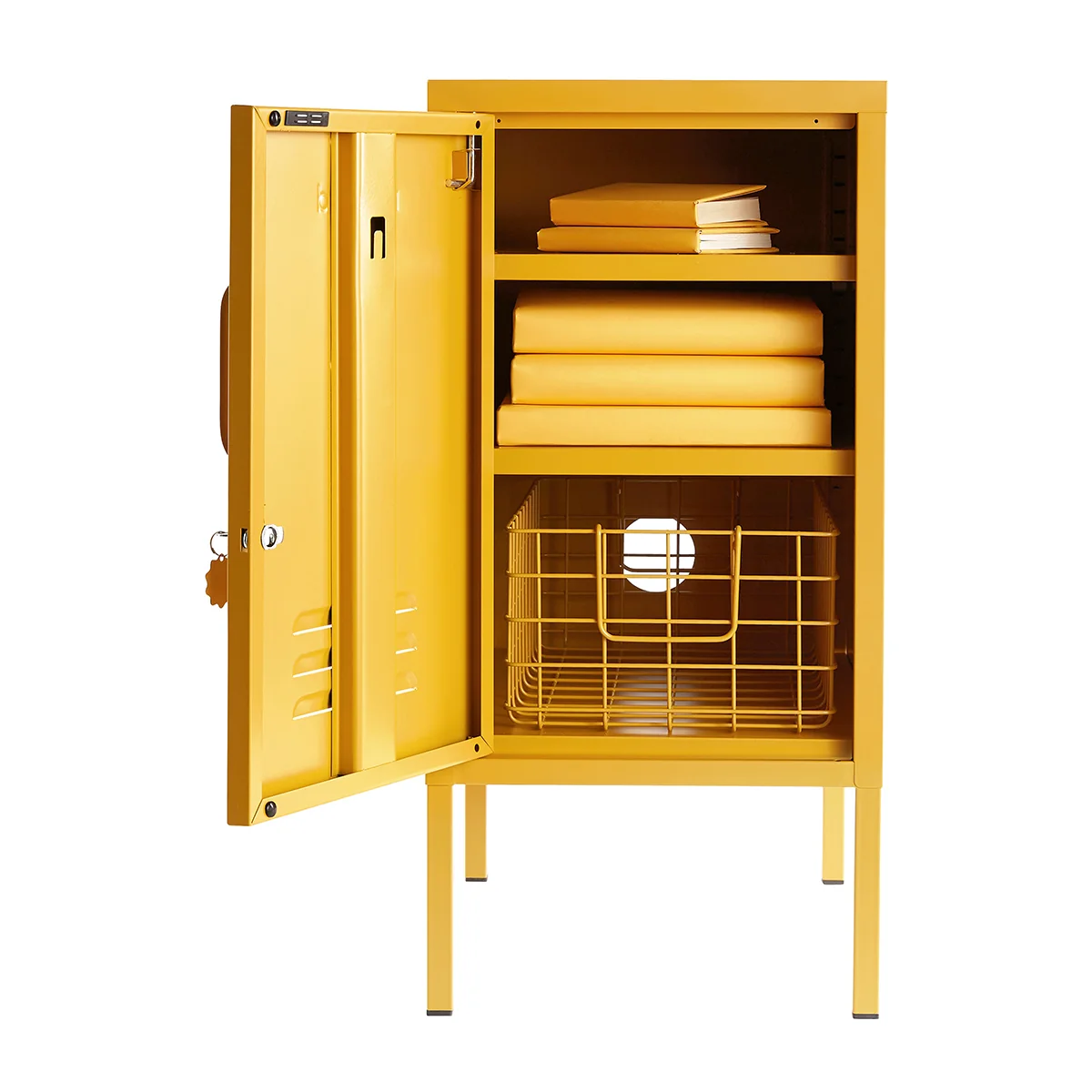 Yellow storage cabinet with open doors on a white background