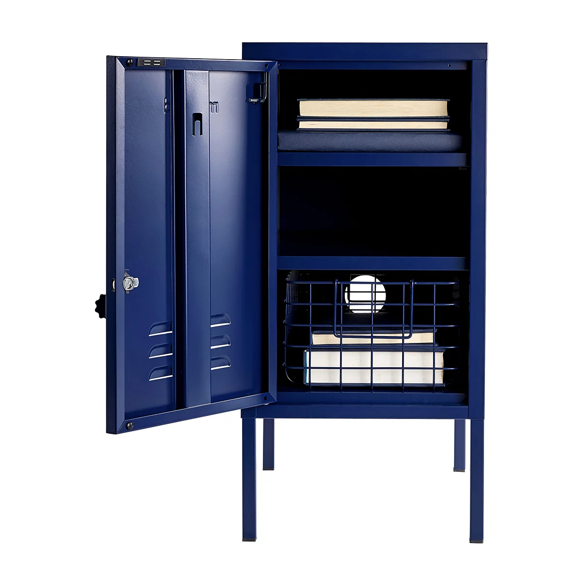 Blue metal locker with open doors on a white background