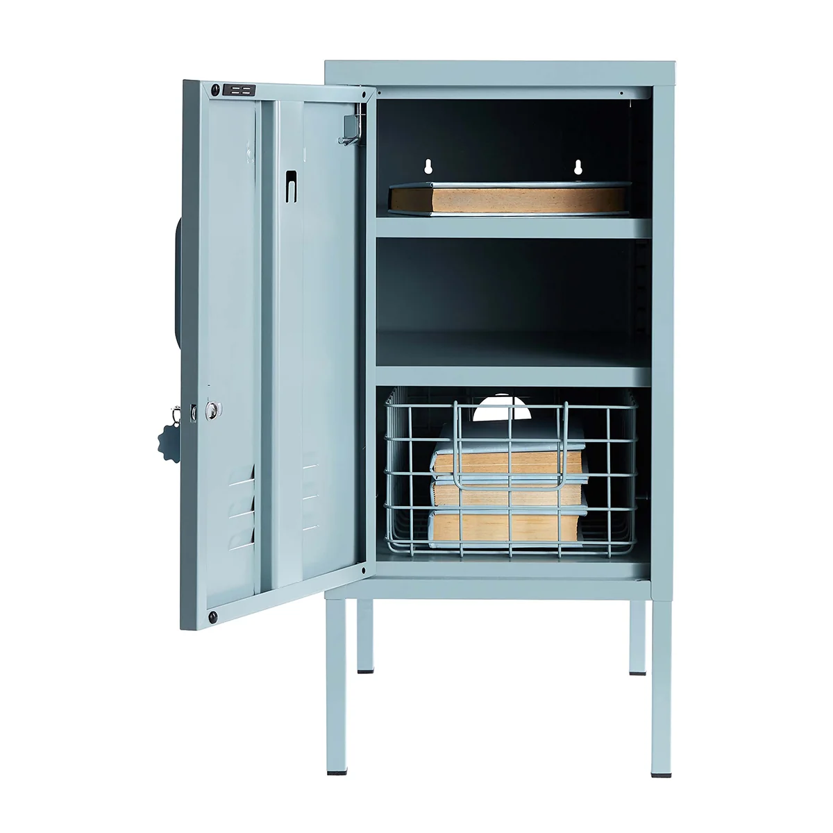 Metal storage cabinet with open doors on a white background