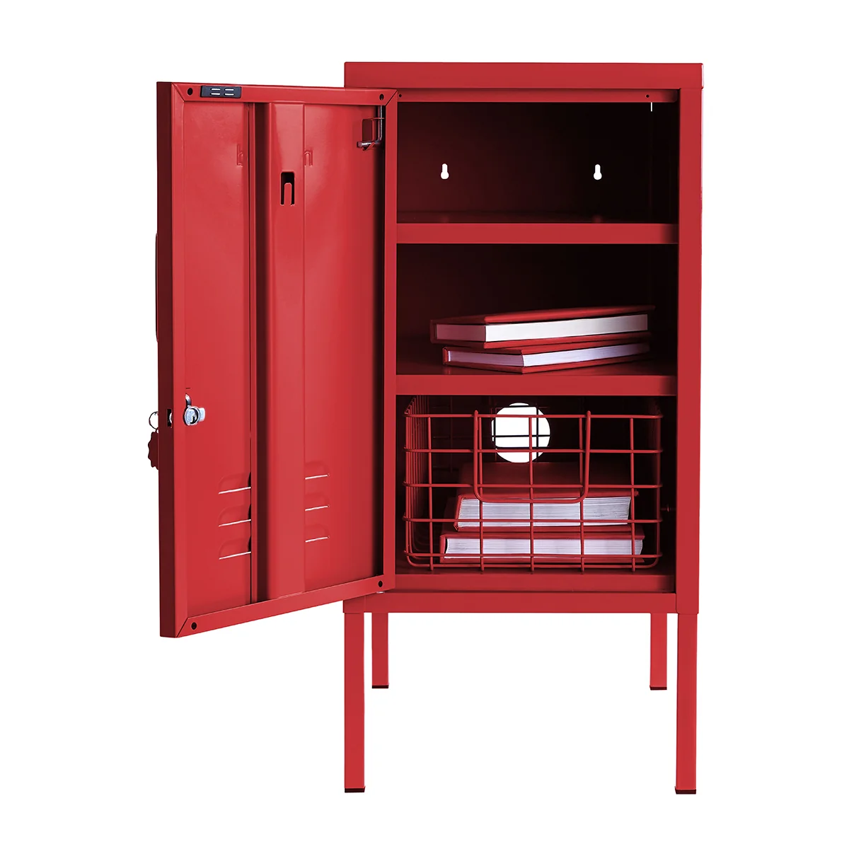 Red storage cabinet with open door on a white background