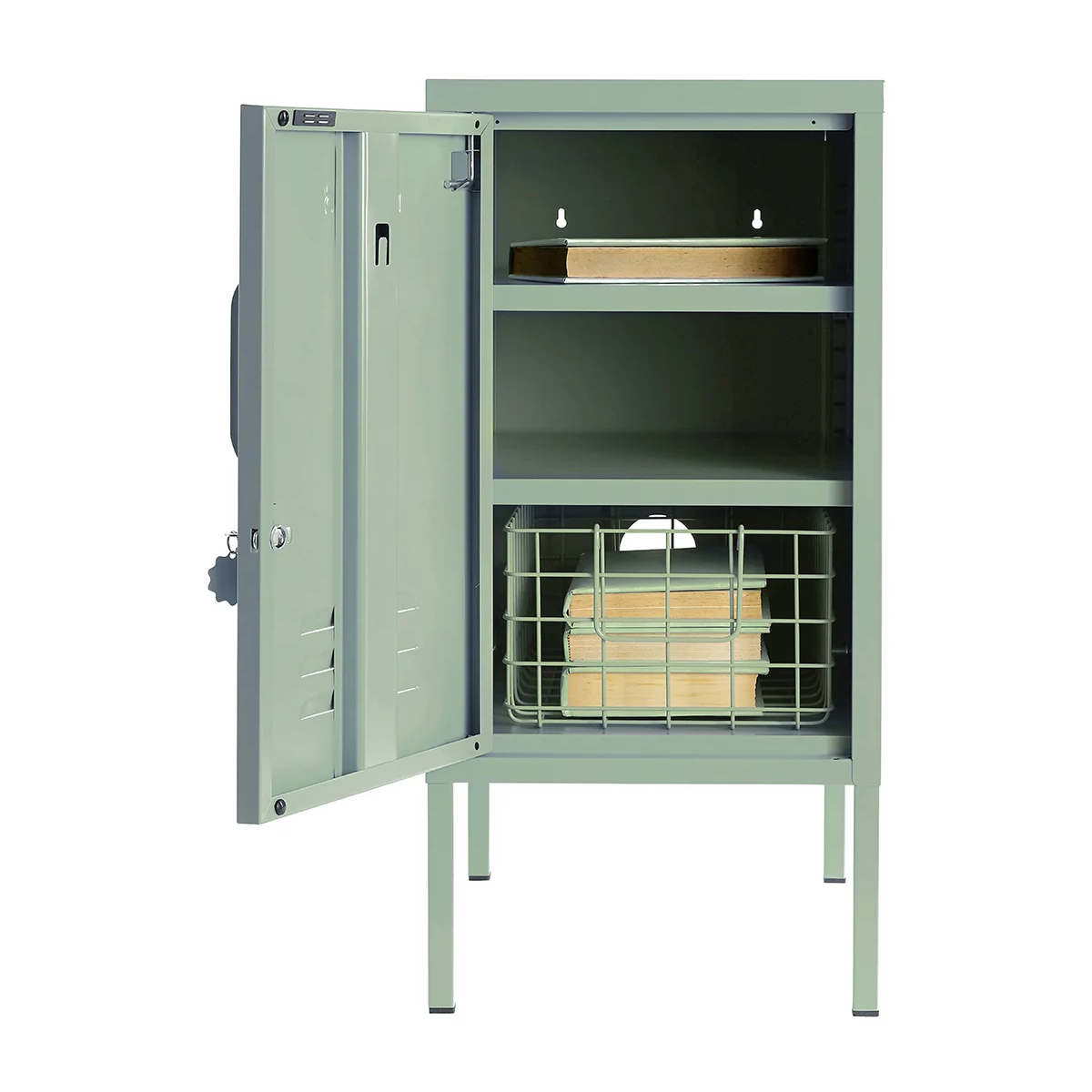 Green storage cabinet with open doors on a white background