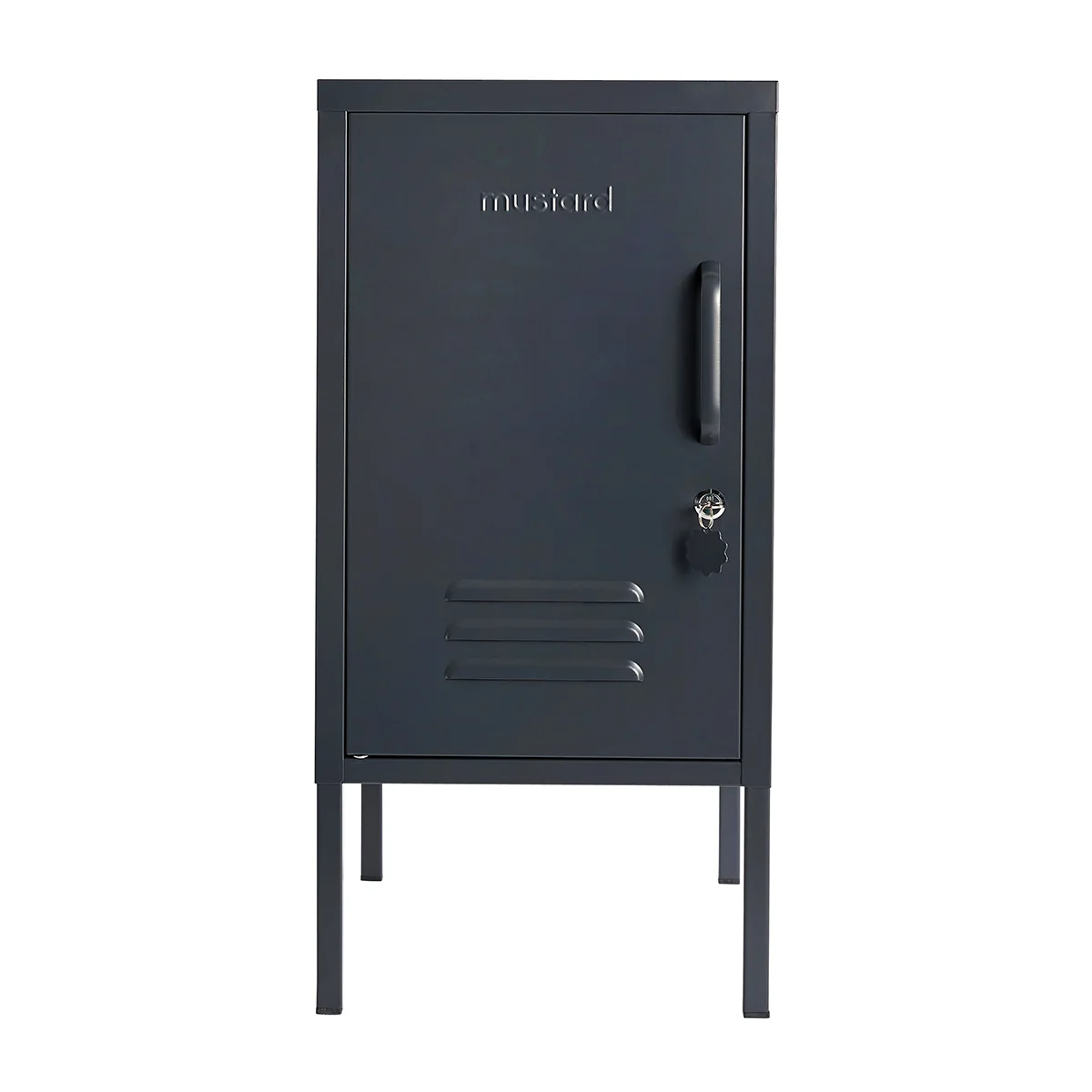 Black metal locker with branding on a white background