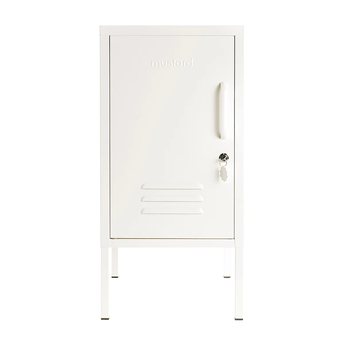 White metal locker with a handle on a white background