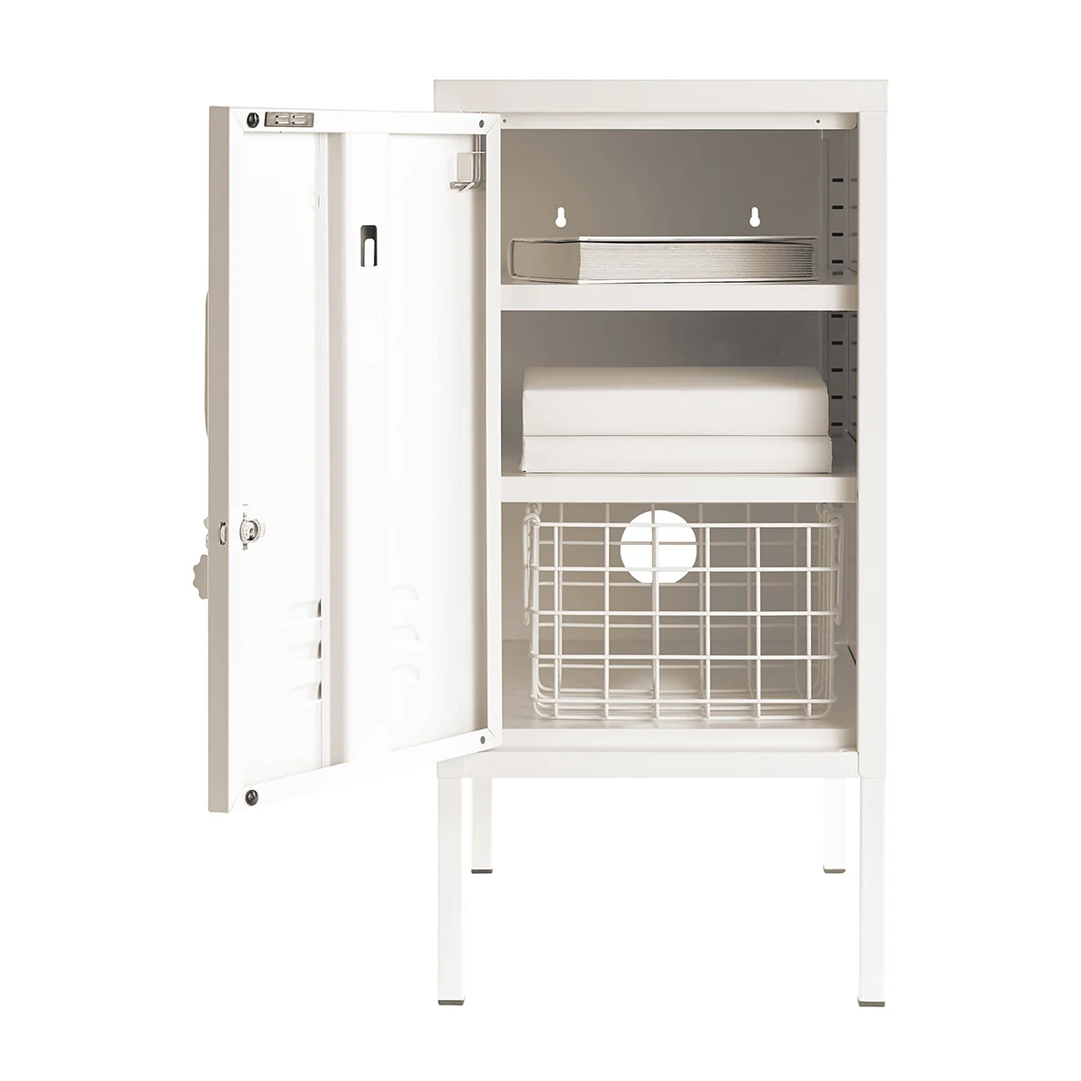 White storage cabinet with shelves on a white background