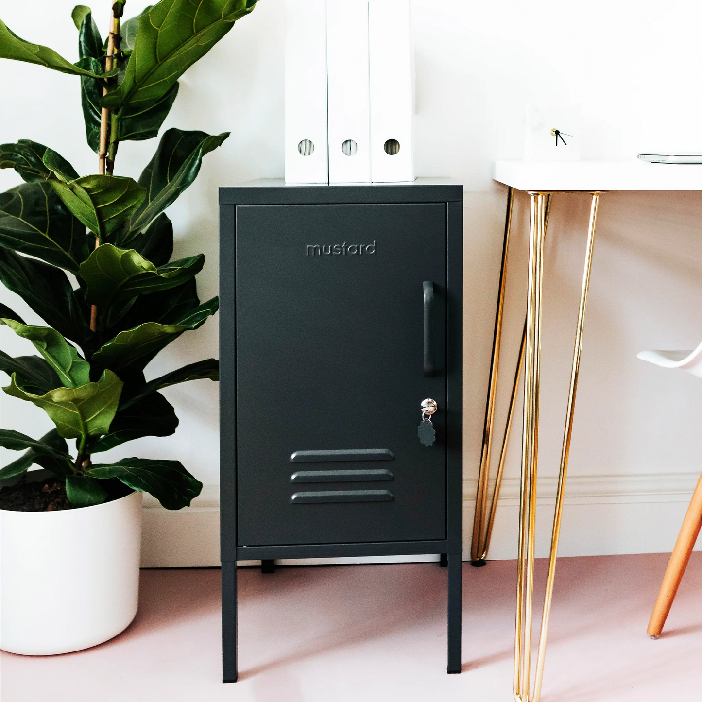 Black metal locker with a plant and white cabinet in a room setting