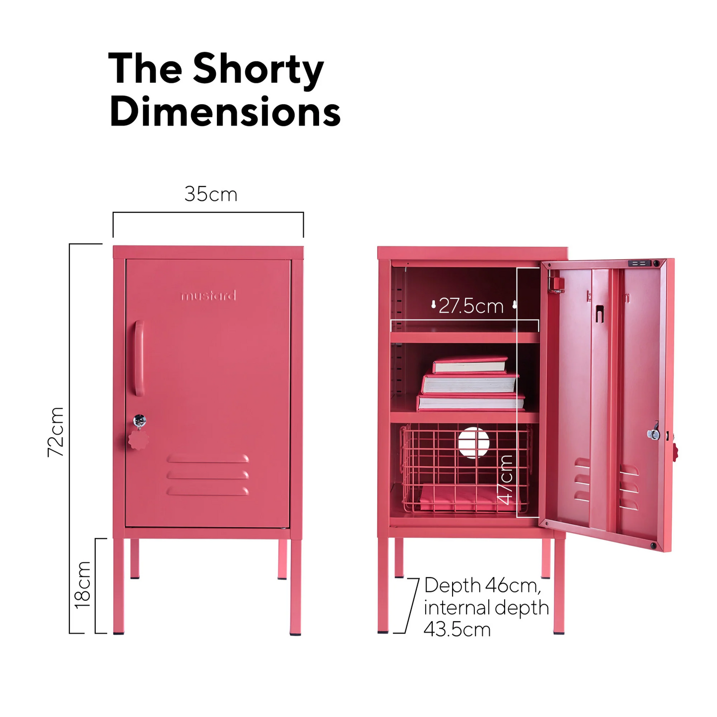 Pink locker with dimensions labeled on a white background