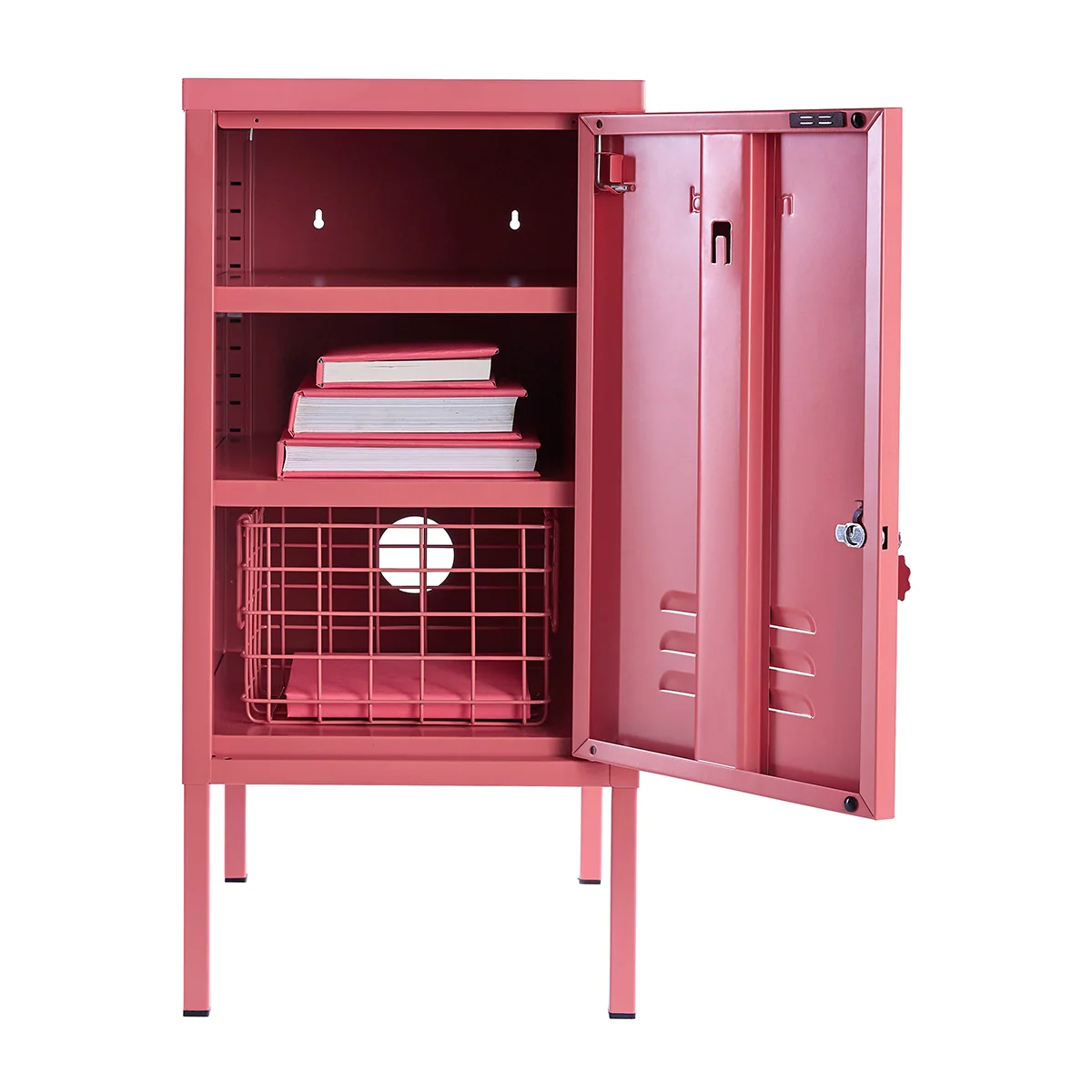 Pink locker with open door on a white background